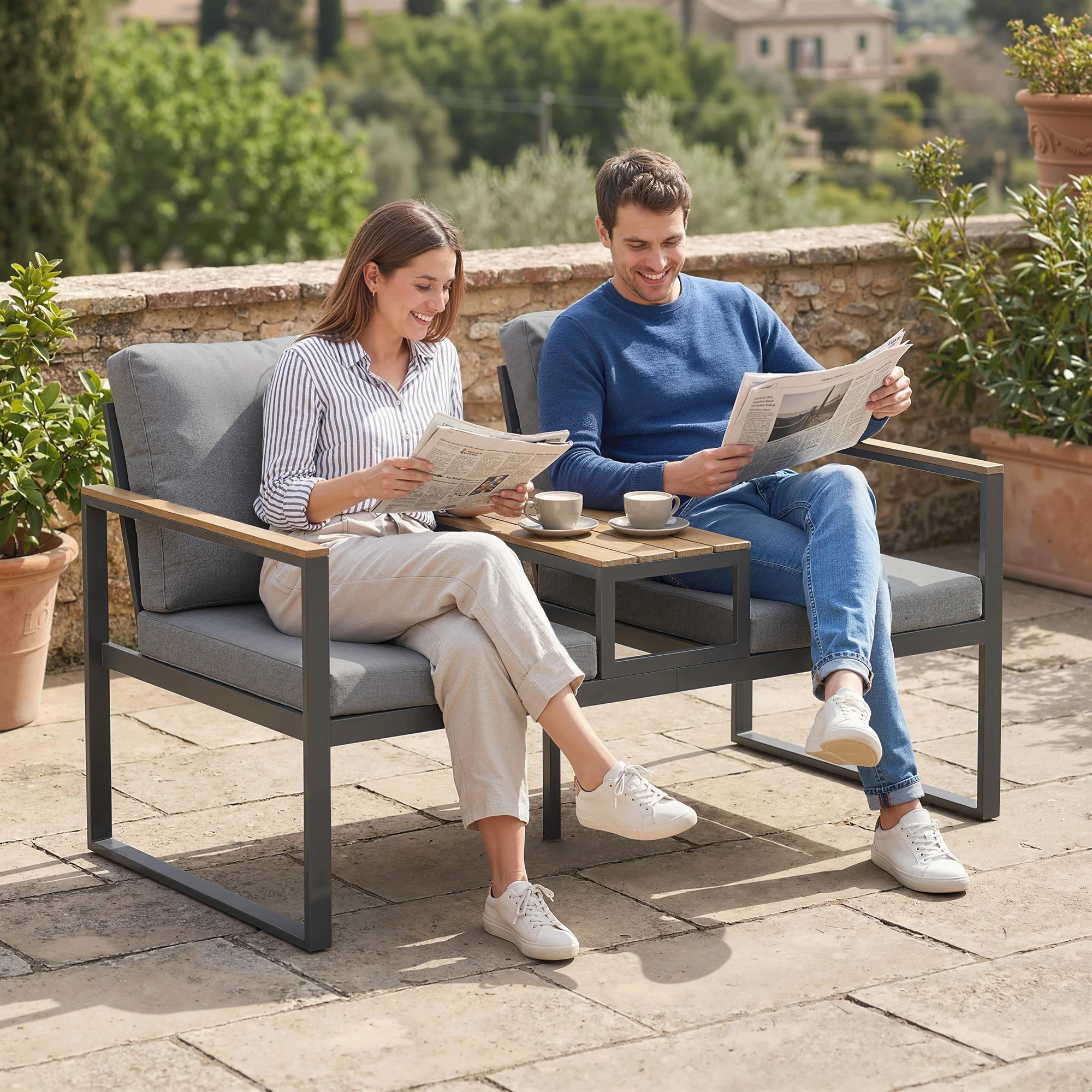 2-Seat Outdoor Garden Bench with Center Table and Thick Cushions, Light Grey - Image 3