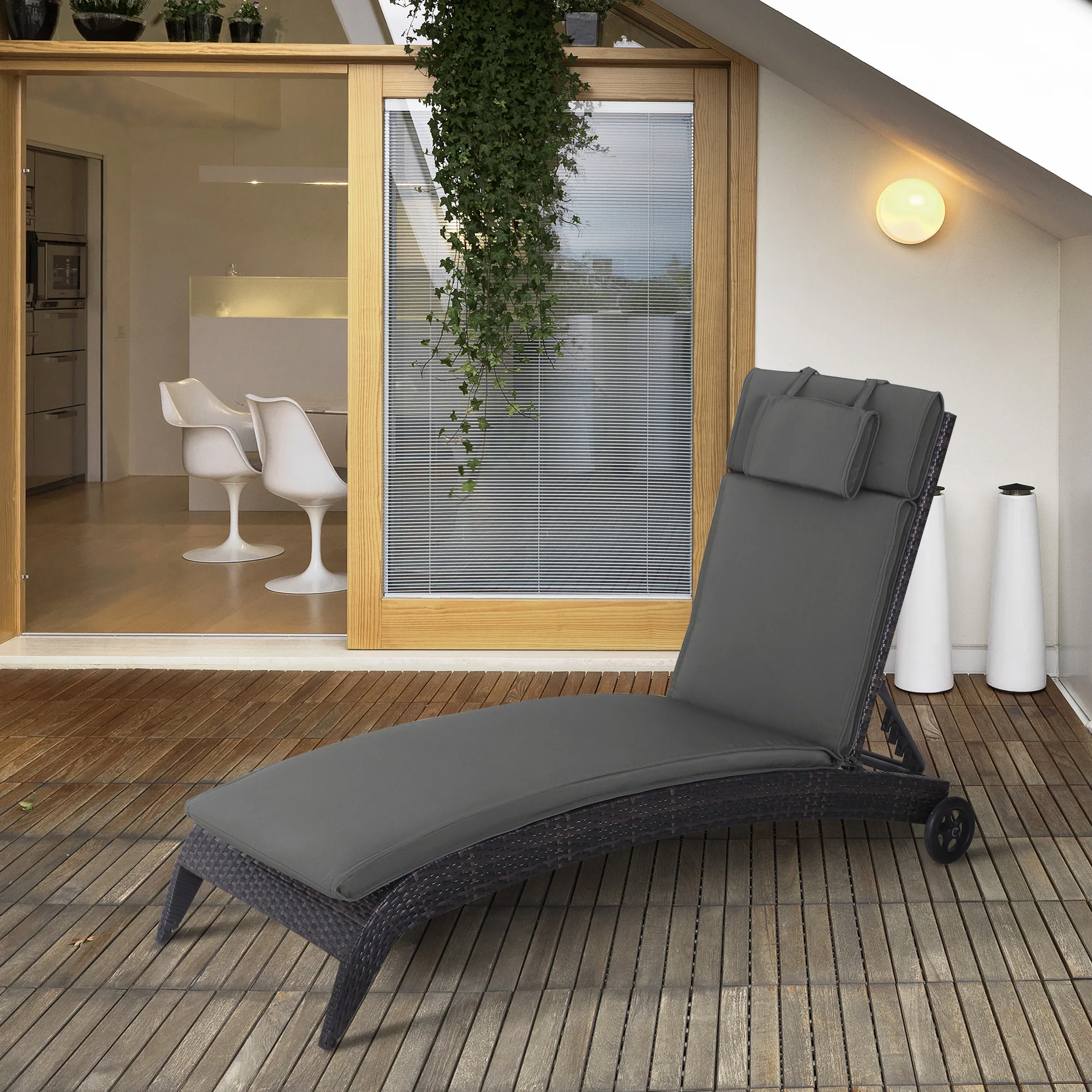 Garden Sun Lounger Cushion Replacement, Sunbed Reclining Chair Pad w/ Pillow, Grey - Image 3