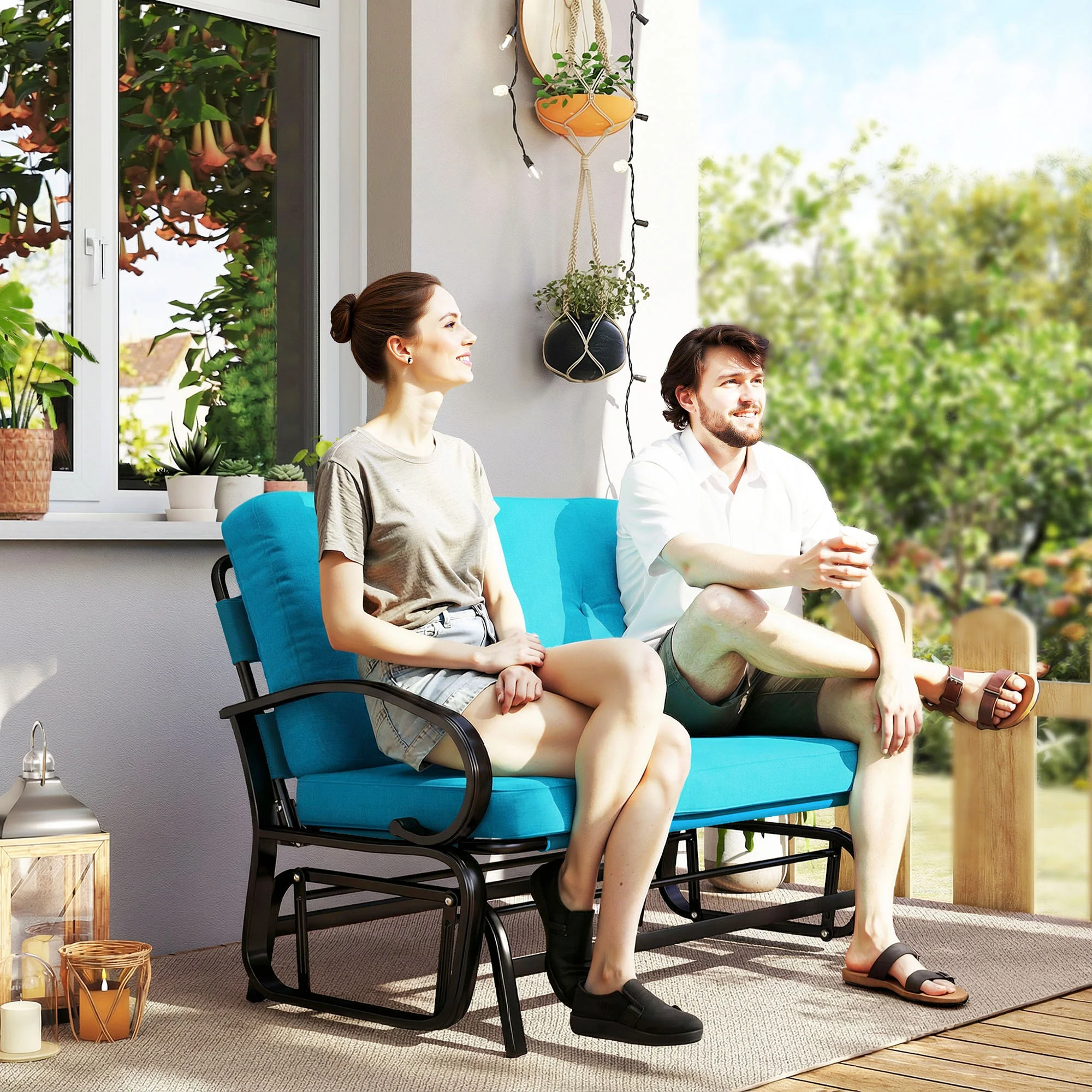 2-Person Outdoor Glider Bench with Cushions, Blue - Image 3