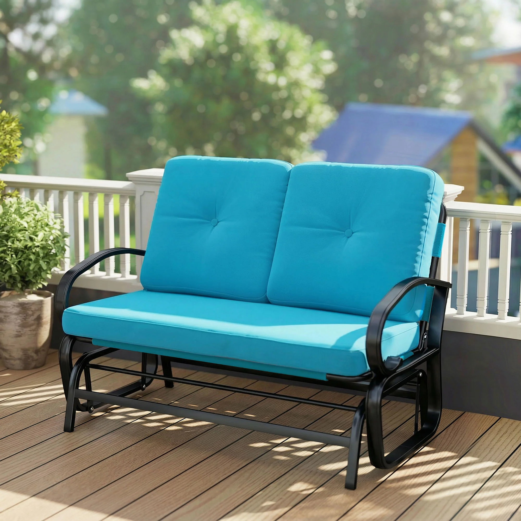 2-Person Outdoor Glider Bench with Cushions, Blue - Image 4