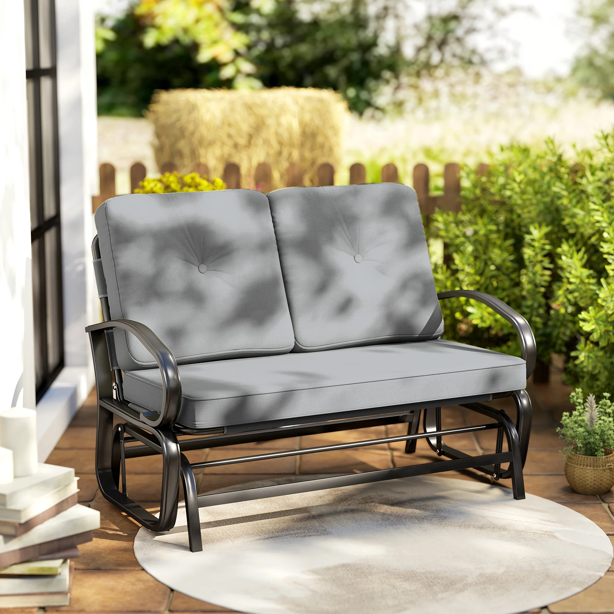 2-Person Outdoor Glider Bench with Cushions, Gray - Image 10