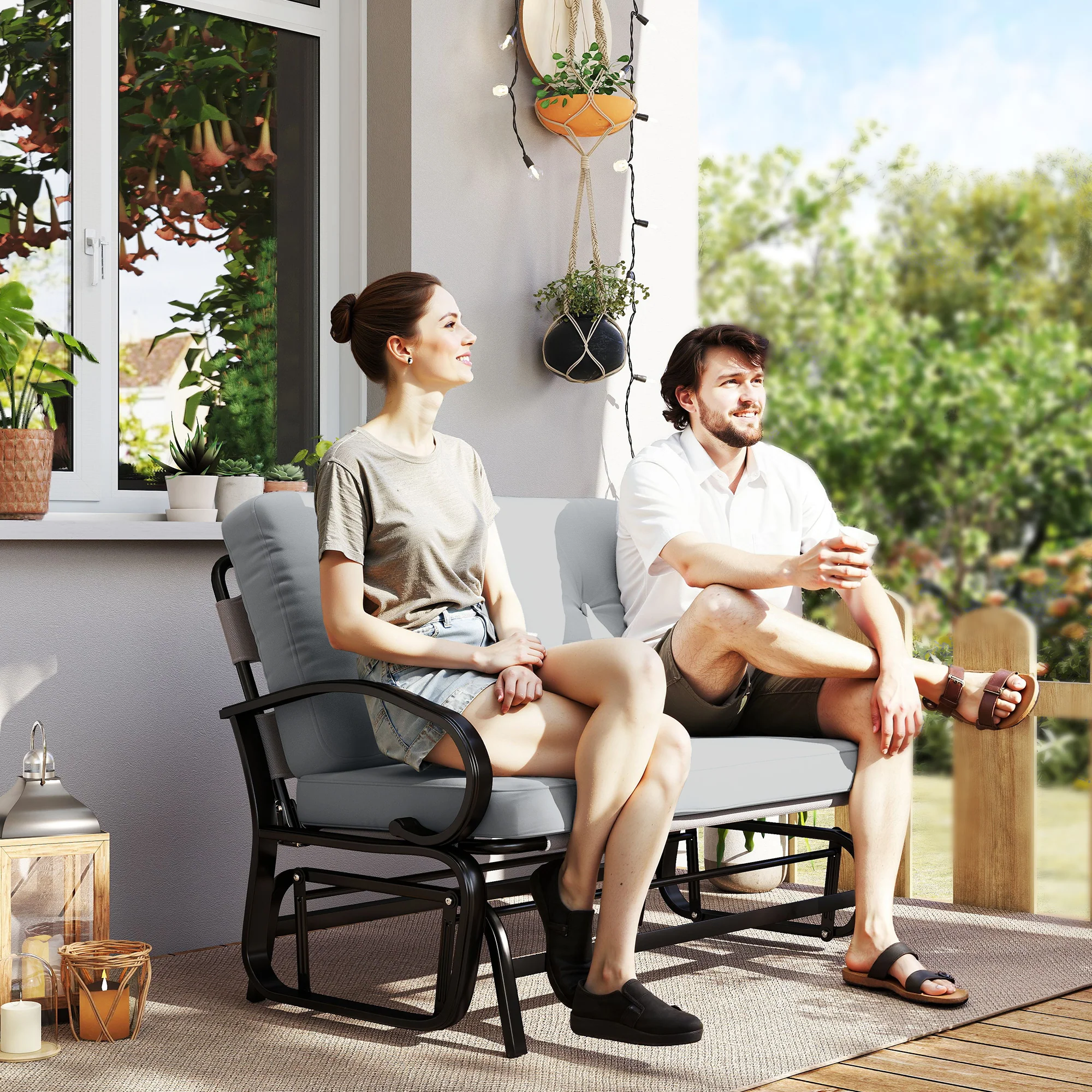2-Person Outdoor Glider Bench with Cushions, Gray - Image 3