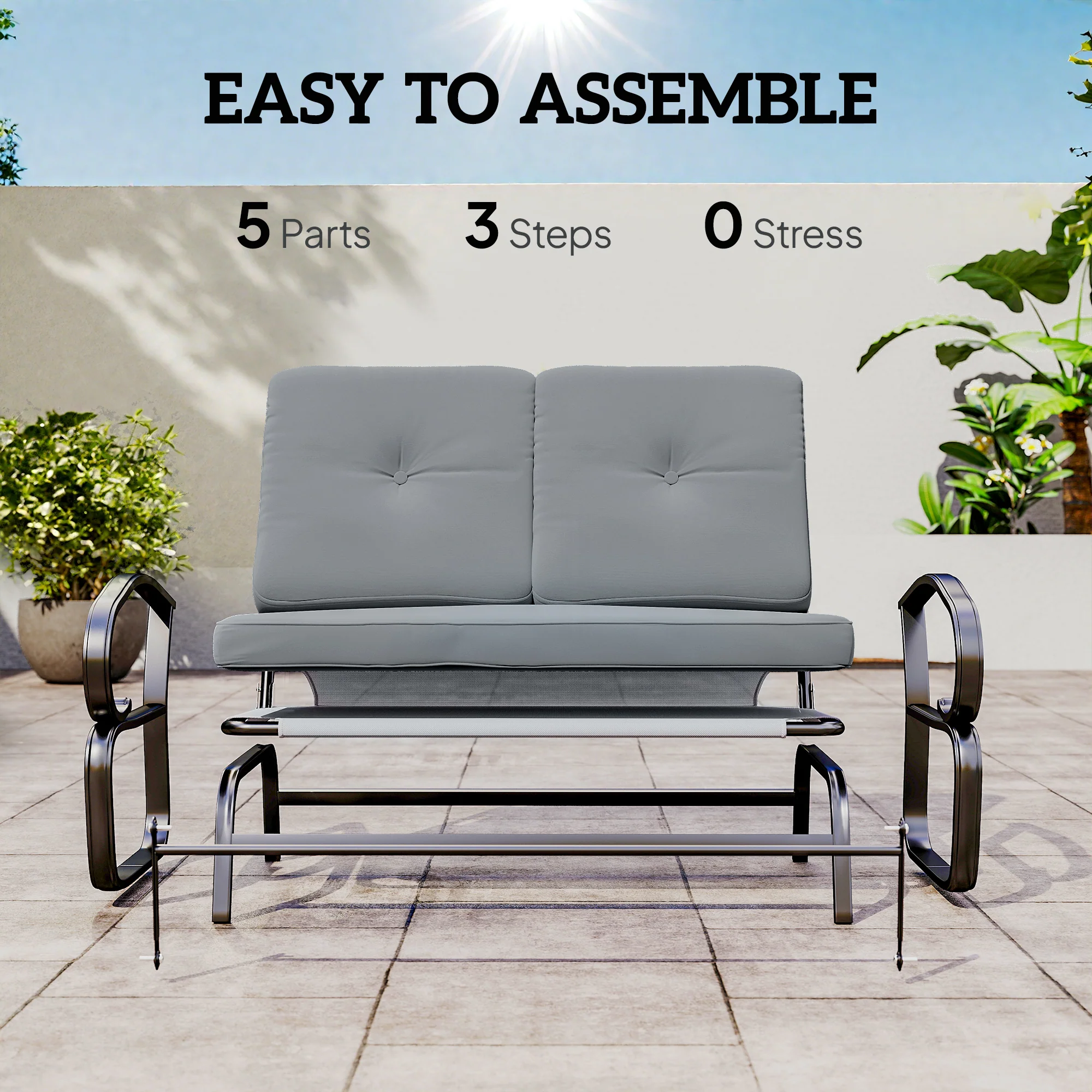 2-Person Outdoor Glider Bench with Cushions, Gray - Image 9