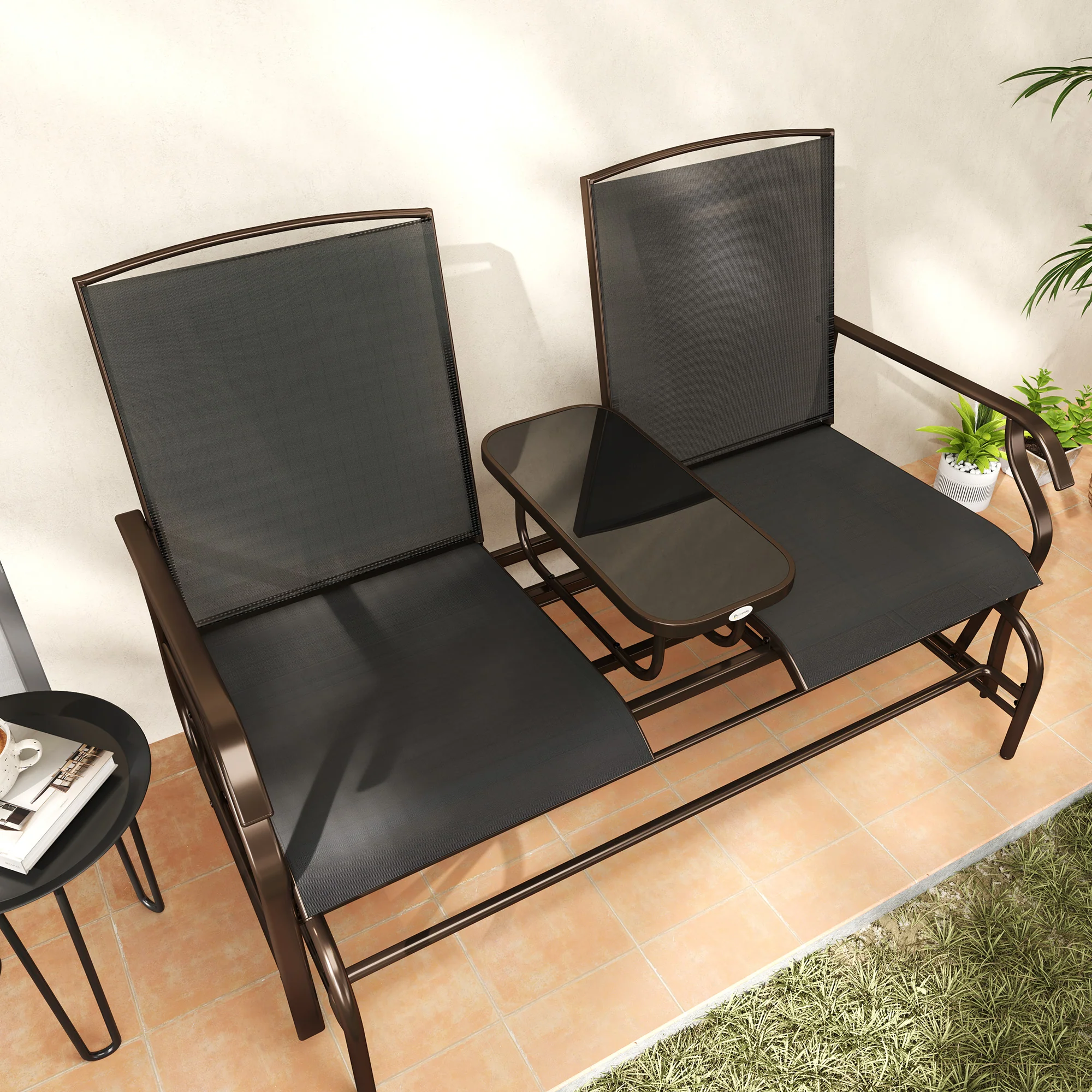 Patio Glider Rocking Chair 2 Person Outdoor Loveseat Rocker Garden Furniture Bench, Black - Image 11