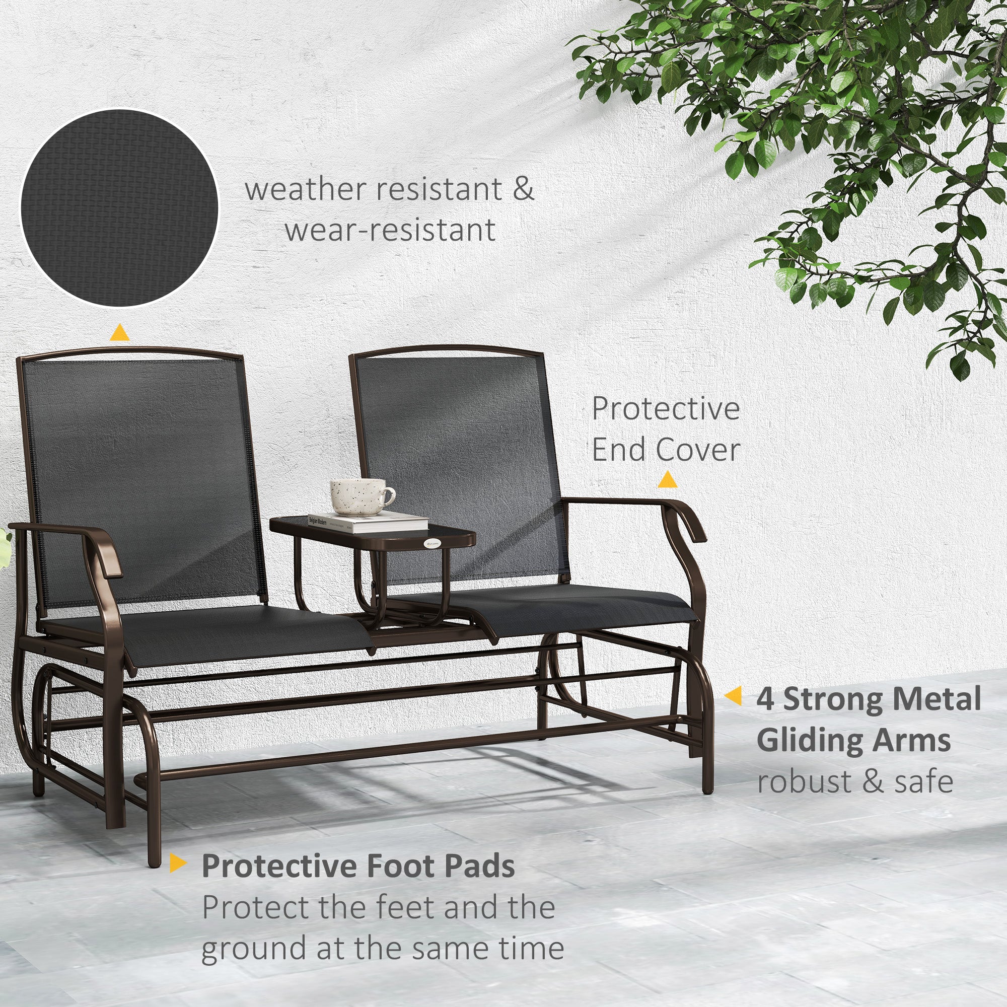 Patio Glider Rocking Chair 2 Person Outdoor Loveseat Rocker Garden Furniture Bench, Black - Image 7