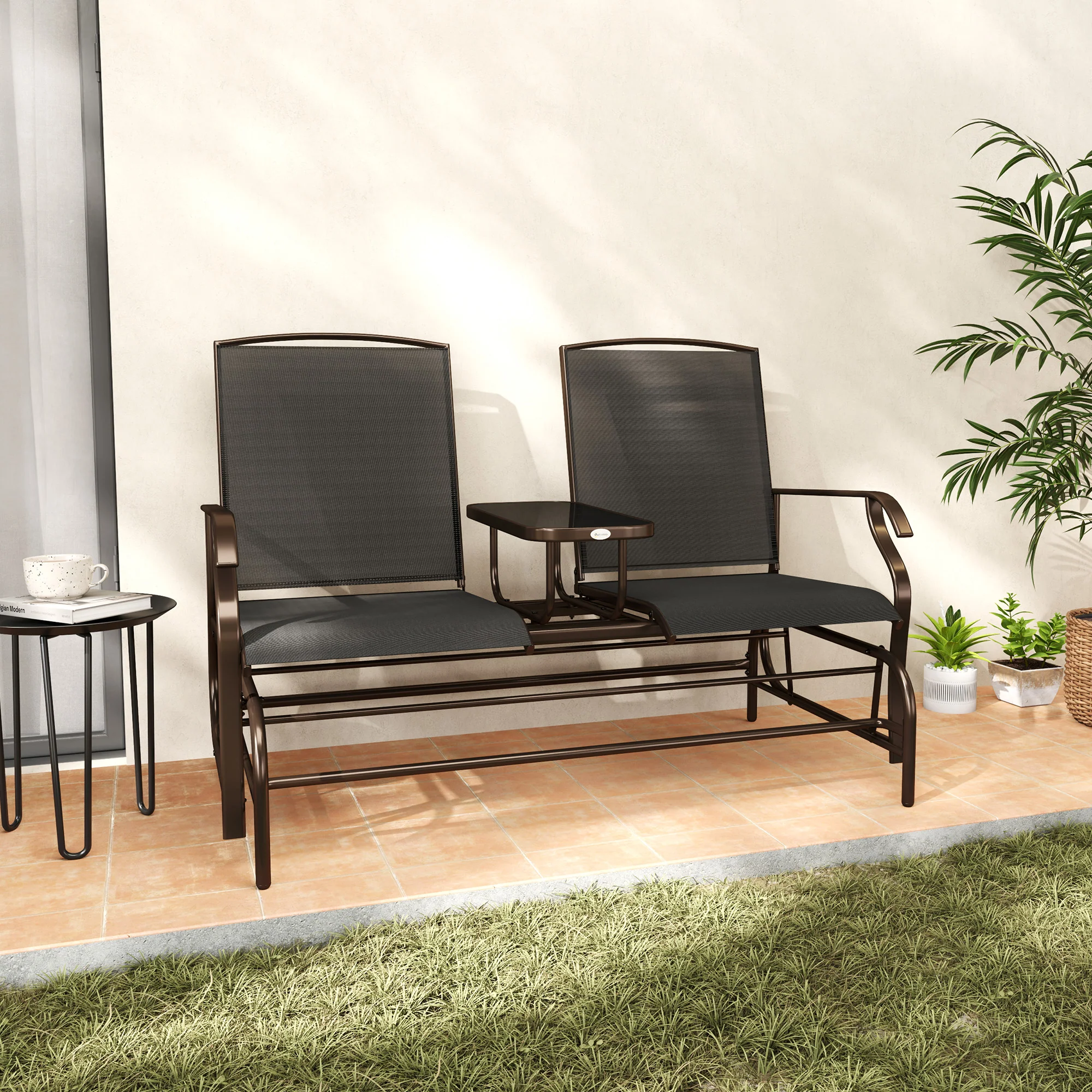 Patio Glider Rocking Chair 2 Person Outdoor Loveseat Rocker Garden Furniture Bench, Black - Image 9