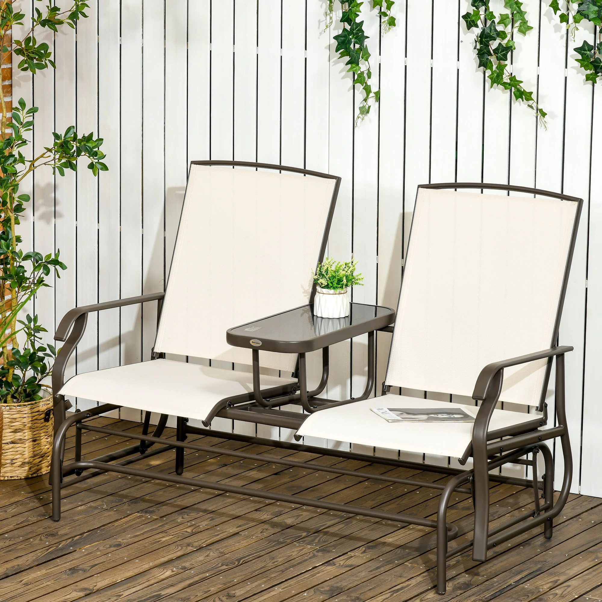 Patio Glider Rocking Chair 2 Person Outdoor Loveseat Rocker Garden Furniture Bench, Beige - Image 3