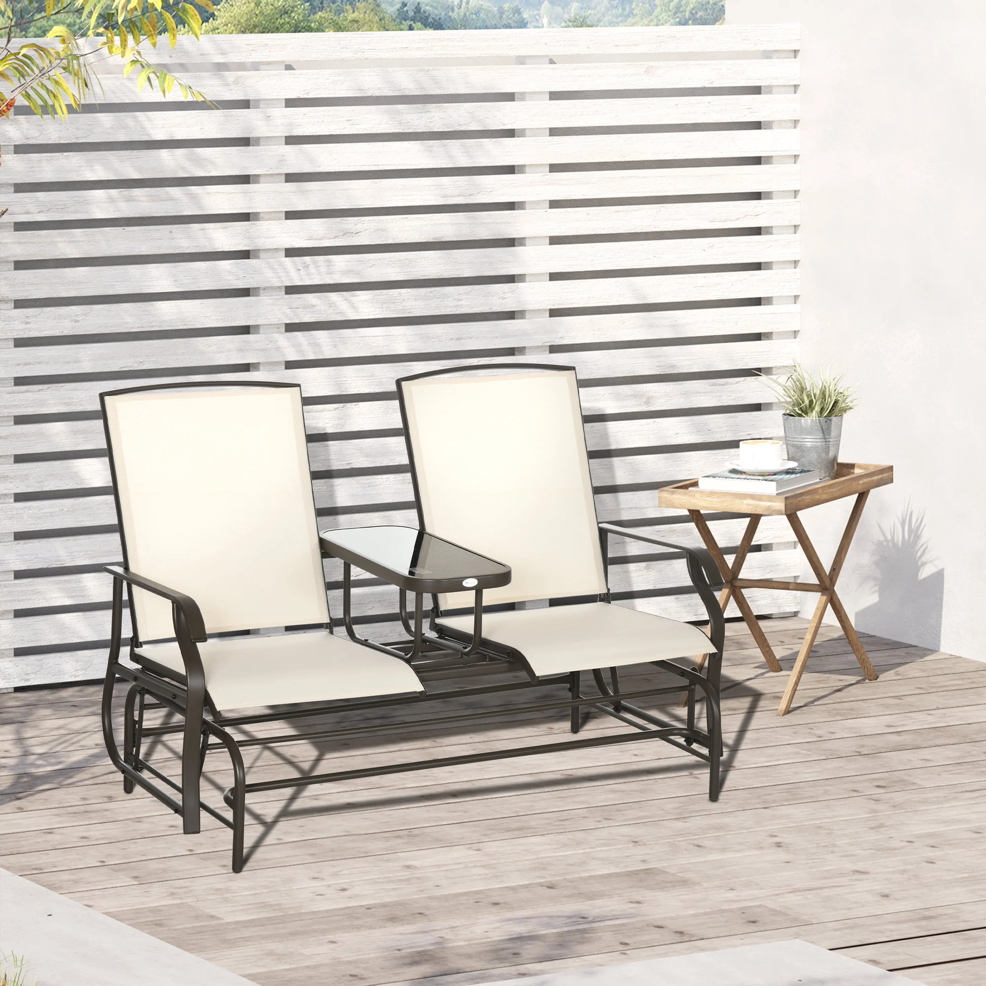 Patio Glider Rocking Chair 2 Person Outdoor Loveseat Rocker Garden Furniture Bench, Beige - Image 4