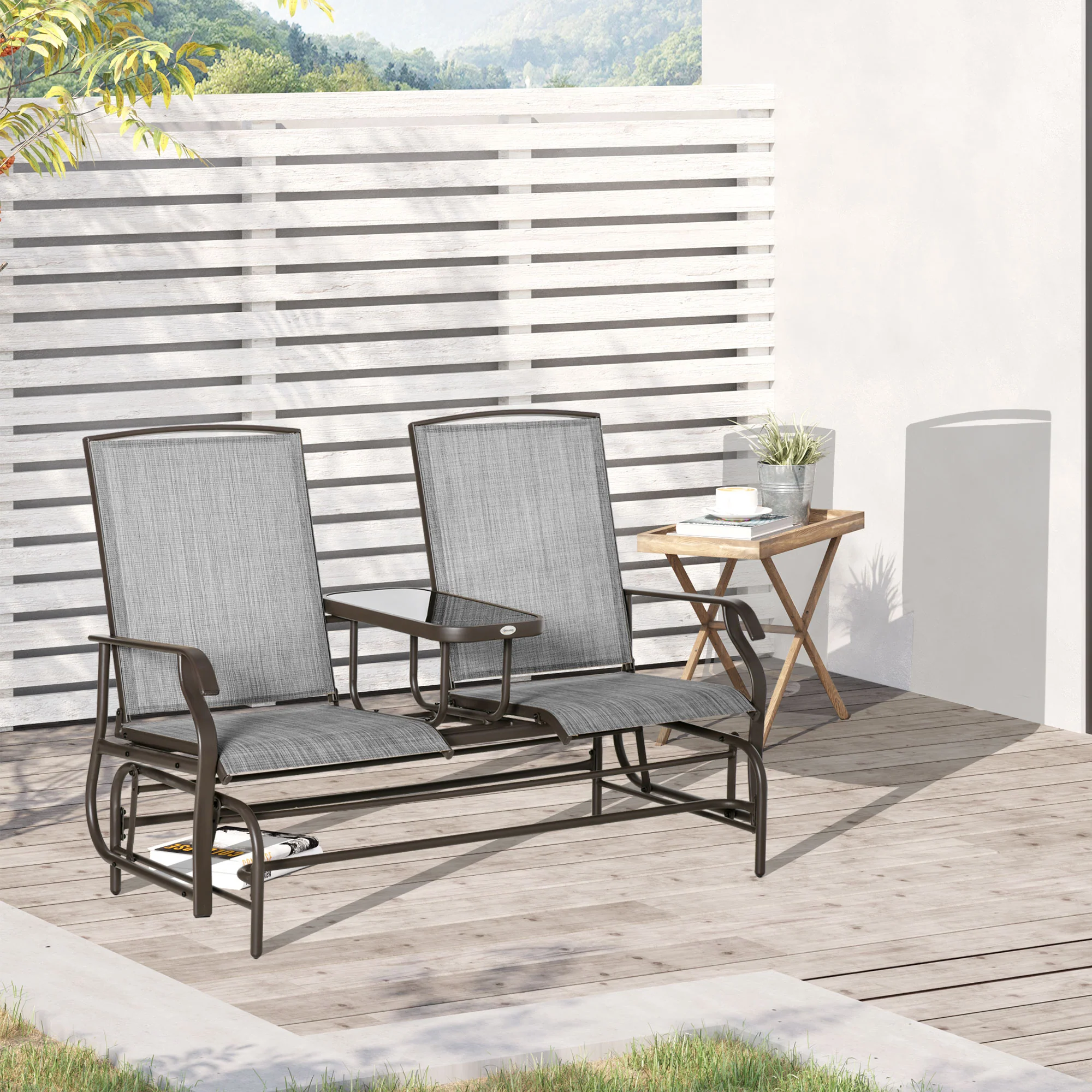 Patio Glider Rocking Chair 2 Person Outdoor Loveseat Rocker Garden Furniture Bench, Grey - Image 3