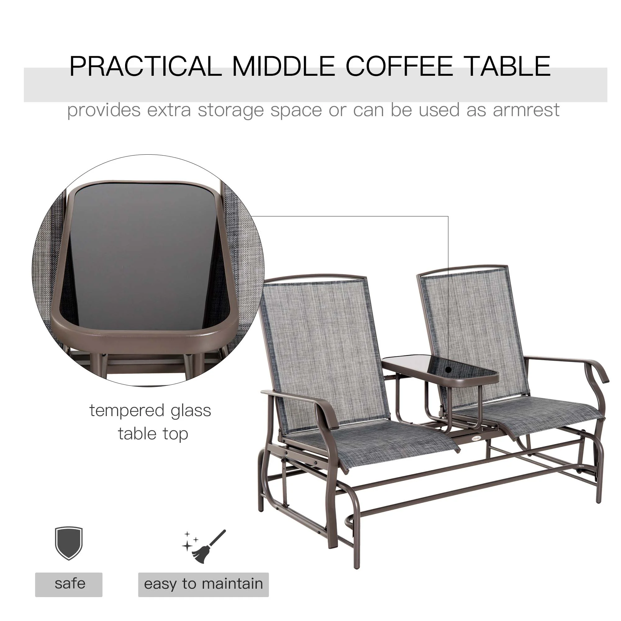 Patio Glider Rocking Chair 2 Person Outdoor Loveseat Rocker Garden Furniture Bench, Grey - Image 7