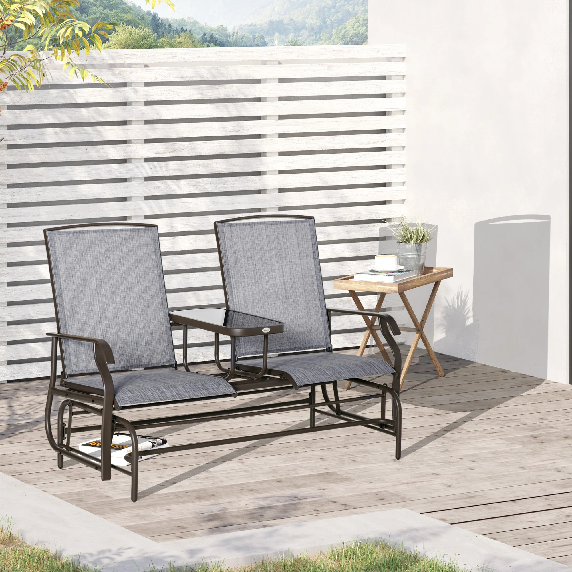 Patio Glider Rocking Chair 2 Person Outdoor Loveseat Rocker Garden Furniture Bench, Grey - Image 9