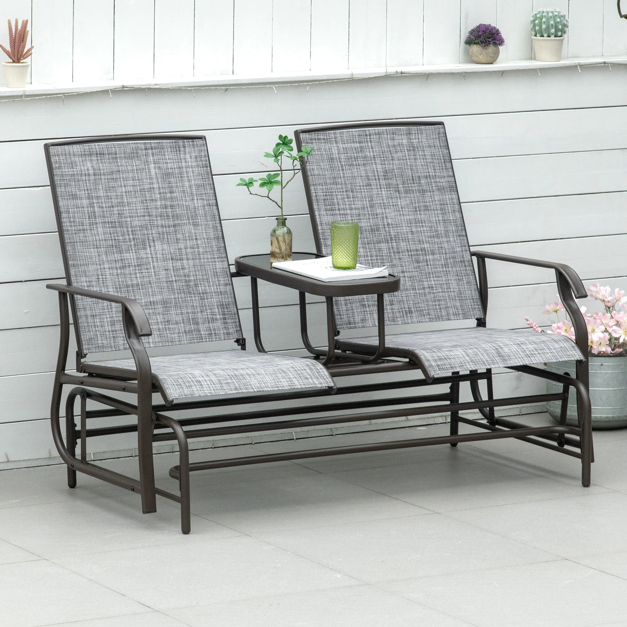 Patio Glider Rocking Chair 2 Person Outdoor Loveseat Rocker Garden Furniture Bench, Grey - Image 4