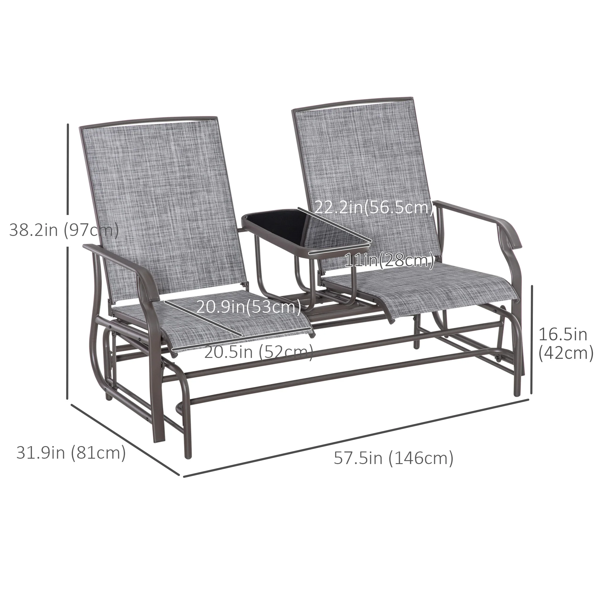 Patio Glider Rocking Chair 2 Person Outdoor Loveseat Rocker Garden Furniture Bench, Grey - Image 5
