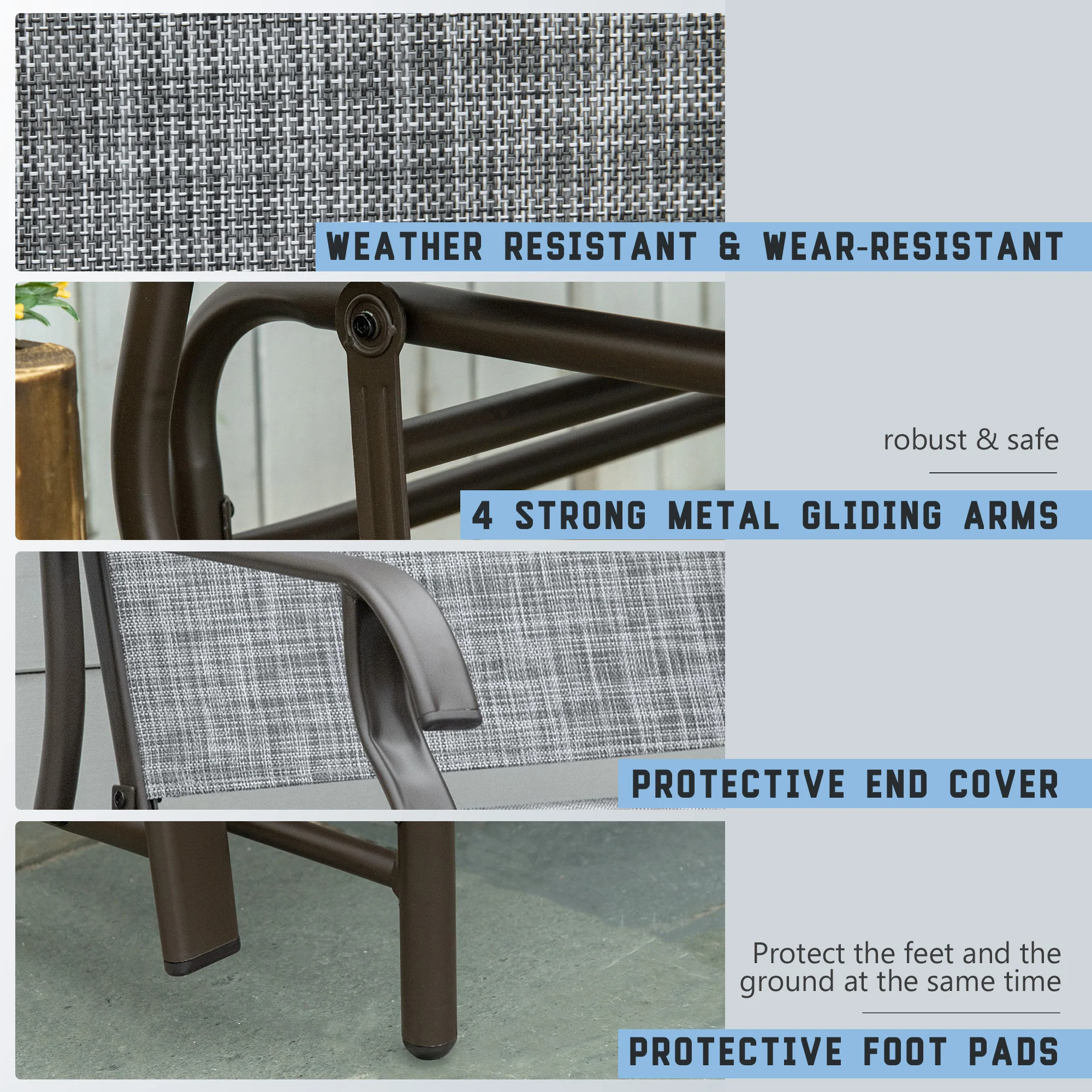 Patio Glider Rocking Chair 2 Person Outdoor Loveseat Rocker Garden Furniture Bench, Grey - Image 7