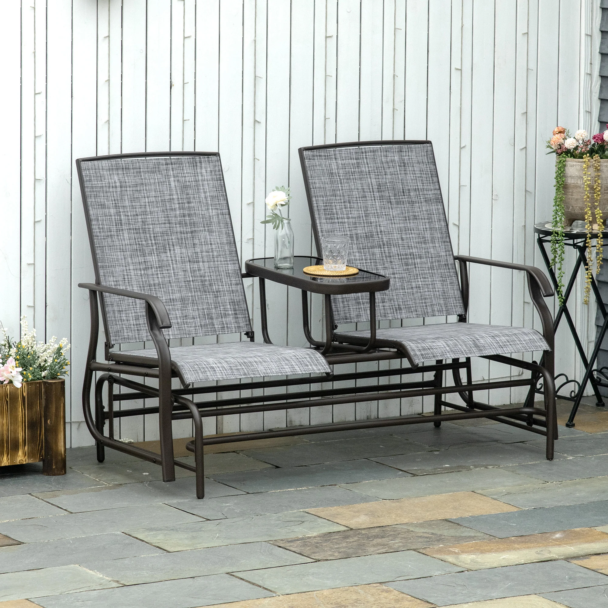 Patio Glider Rocking Chair 2 Person Outdoor Loveseat Rocker Garden Furniture Bench, Grey - Image 9