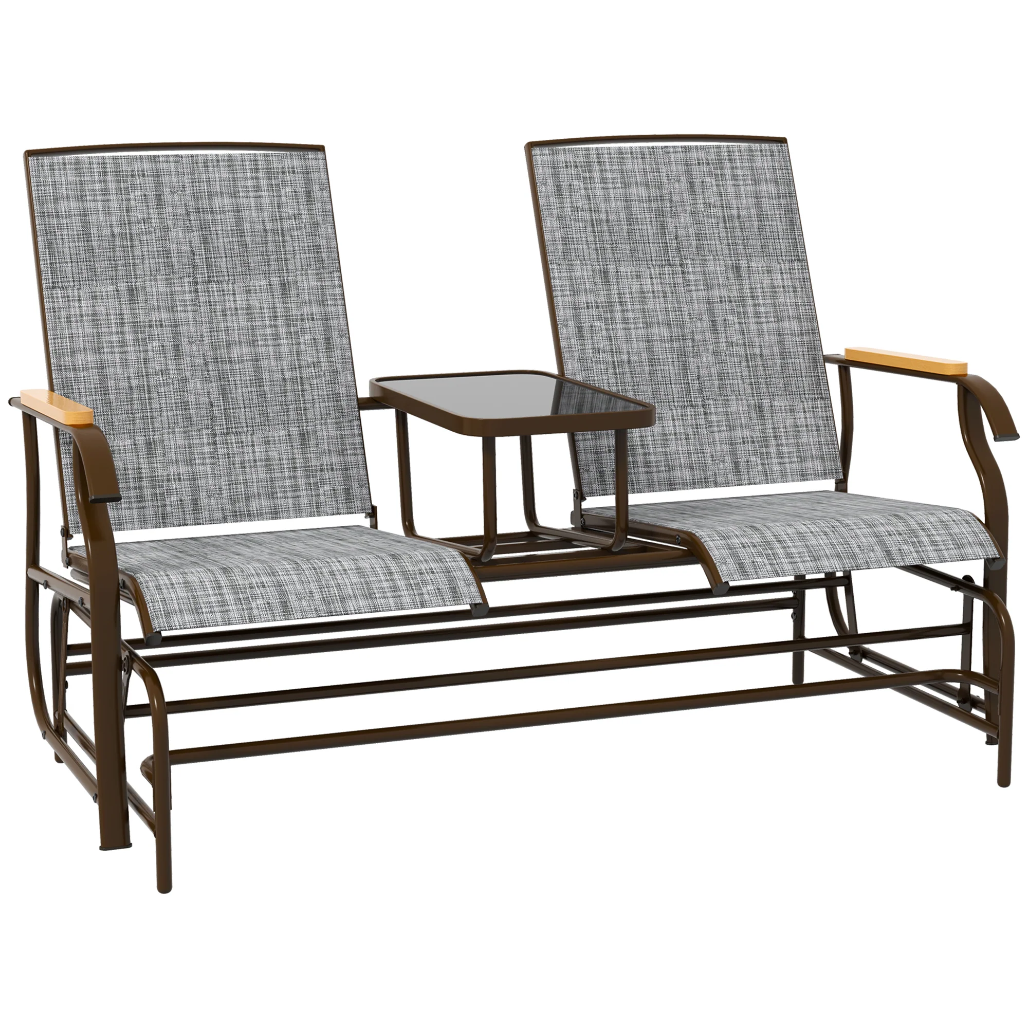 Outdoor 2-Person Glider Bench, Breathable Swing Glider Chair Loveseat with Table, Grey