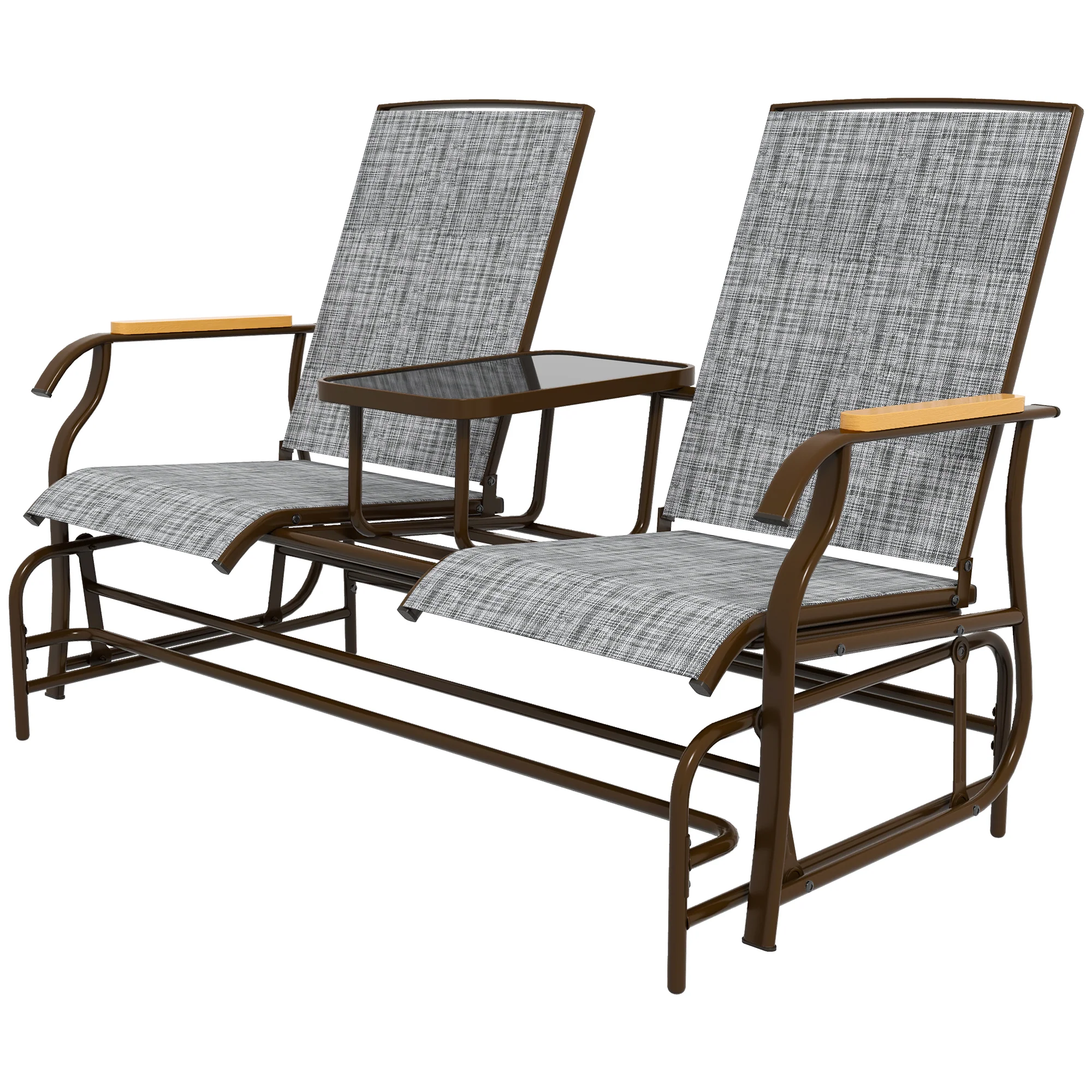 Outdoor 2-Person Glider Bench, Breathable Swing Glider Chair Loveseat with Table, Grey - Image 2