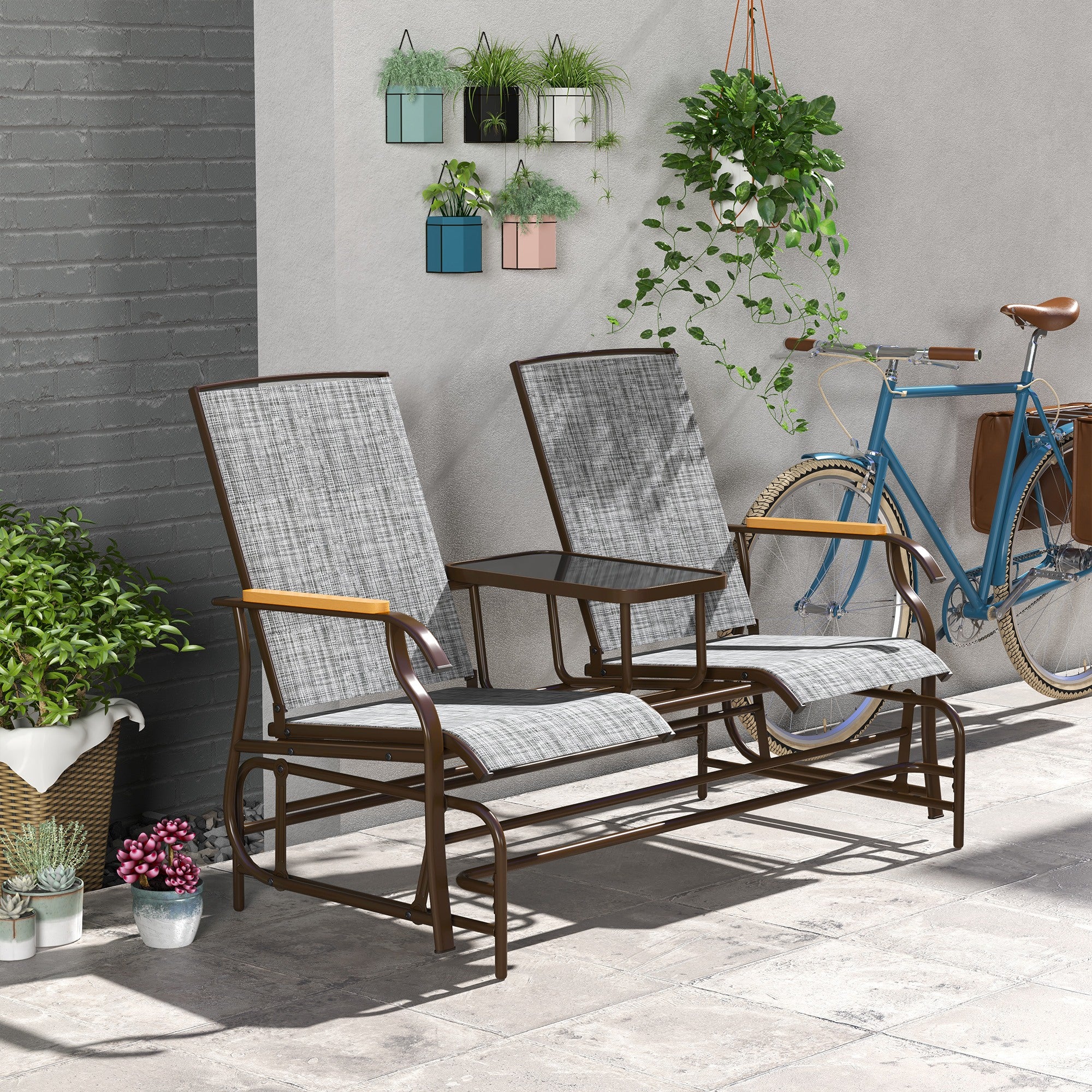 Outdoor 2-Person Glider Bench, Breathable Swing Glider Chair Loveseat with Table, Grey - Image 3