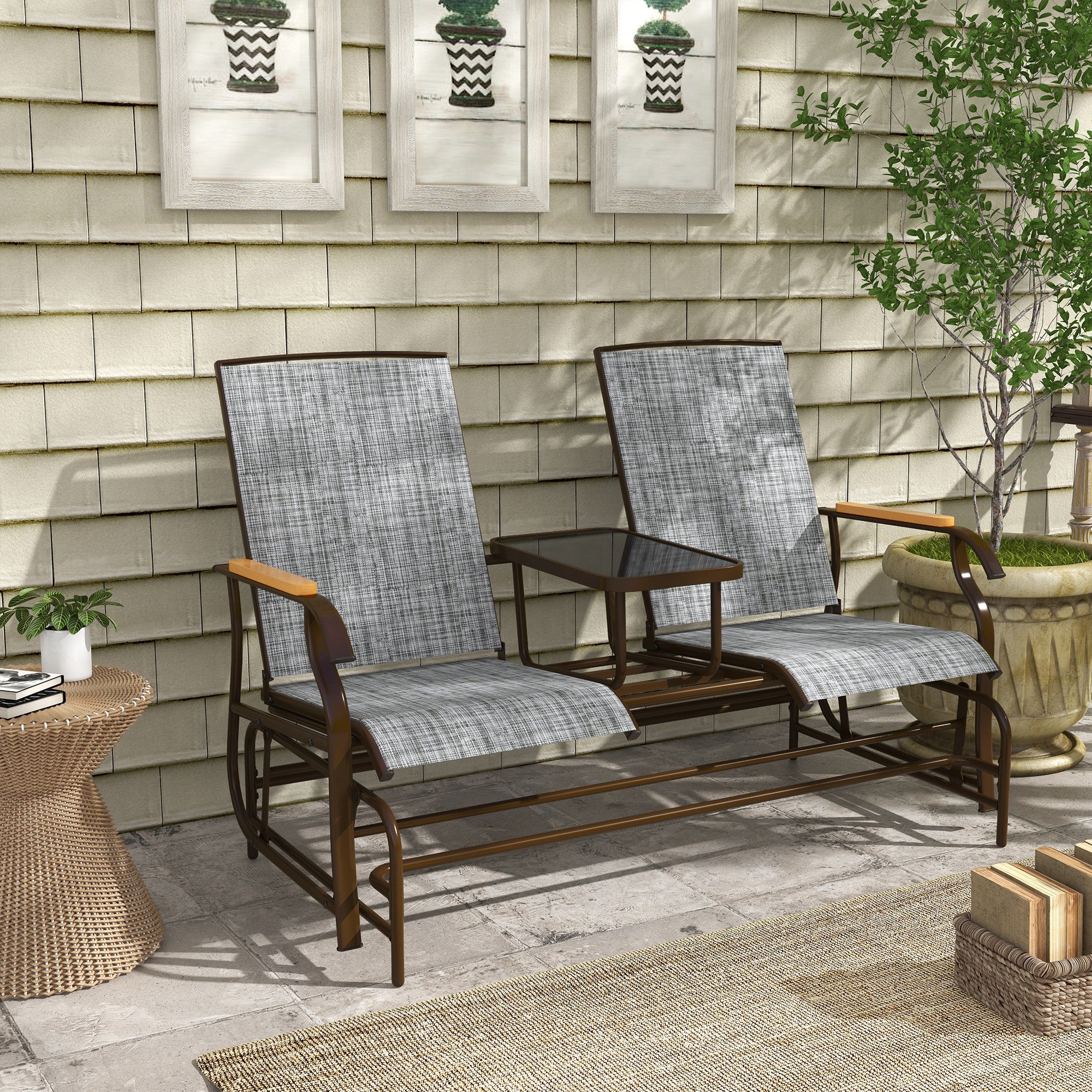 Outdoor 2-Person Glider Bench, Breathable Swing Glider Chair Loveseat with Table, Grey - Image 4