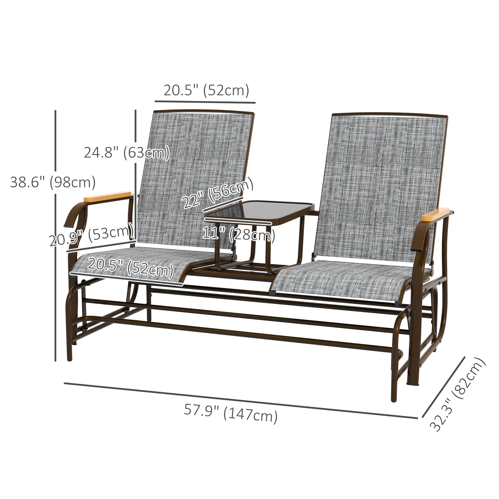 Outdoor 2-Person Glider Bench, Breathable Swing Glider Chair Loveseat with Table, Grey - Image 5