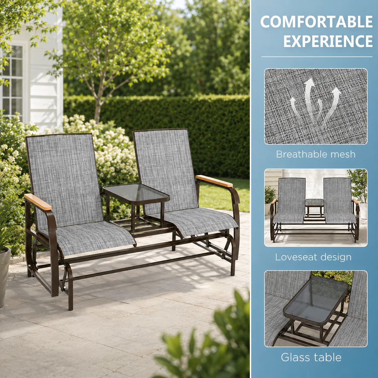 Outdoor 2-Person Glider Bench, Breathable Swing Glider Chair Loveseat with Table, Grey - Image 6