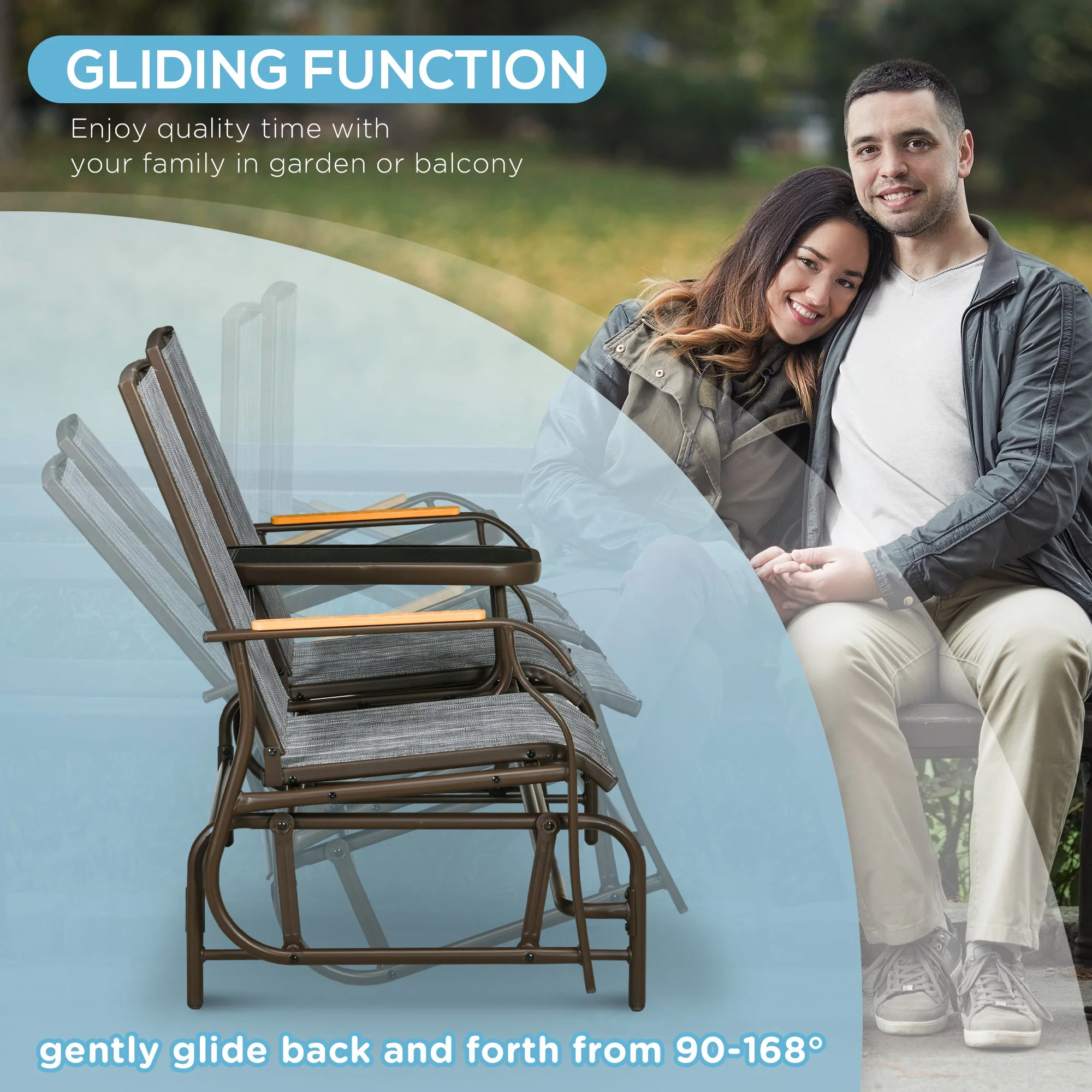 Outdoor 2-Person Glider Bench, Breathable Swing Glider Chair Loveseat with Table, Grey - Image 7