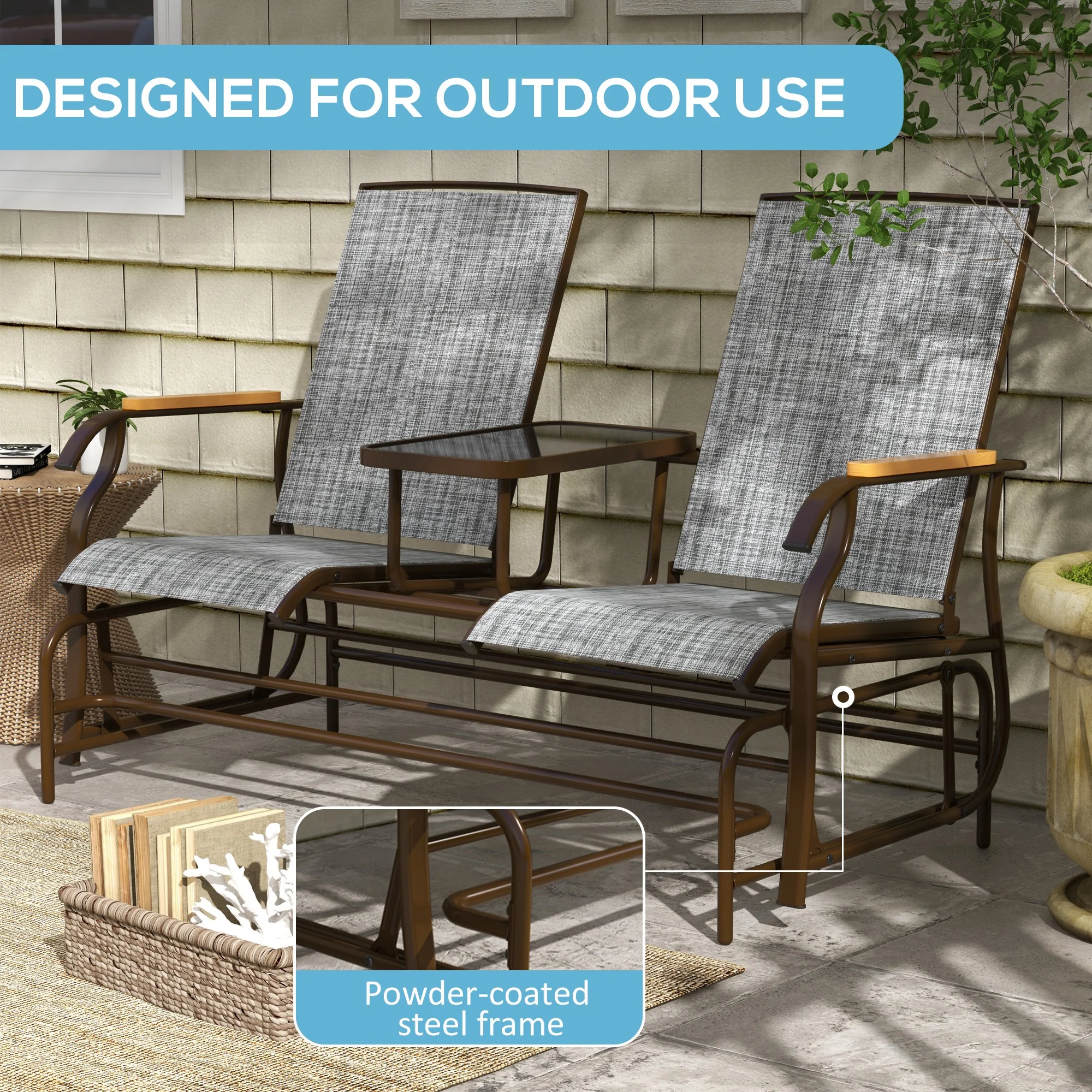 Outdoor 2-Person Glider Bench, Breathable Swing Glider Chair Loveseat with Table, Grey - Image 8