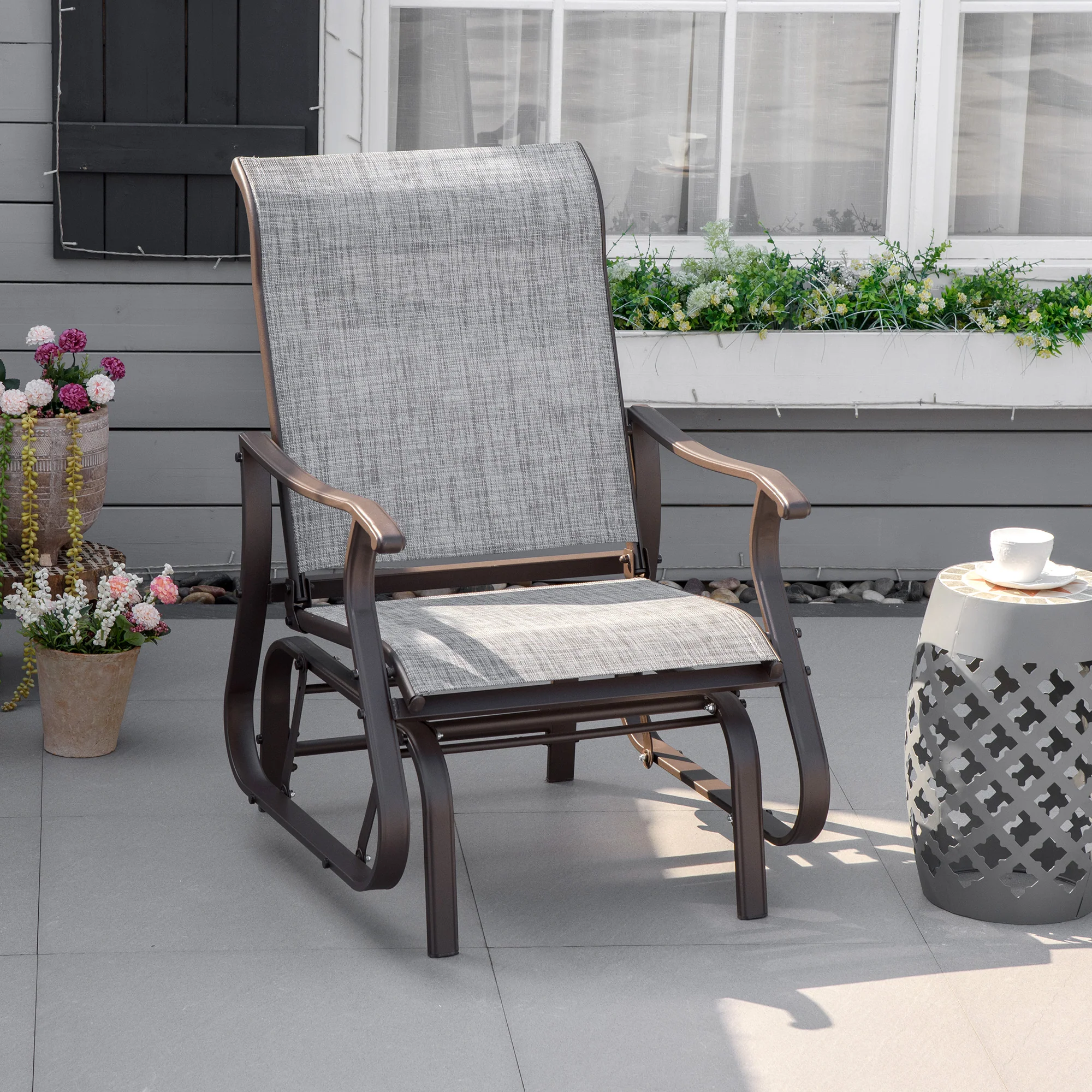 Outdoor Patio Glider Chair with Steel Frame & Mesh Fabric for Backyard & Porch, Grey - Image 4
