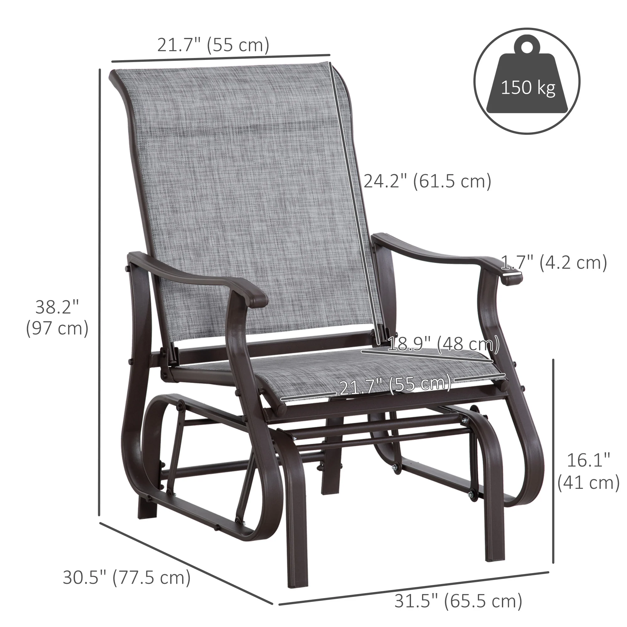 Outdoor Patio Glider Chair with Steel Frame & Mesh Fabric for Backyard & Porch, Grey - Image 5