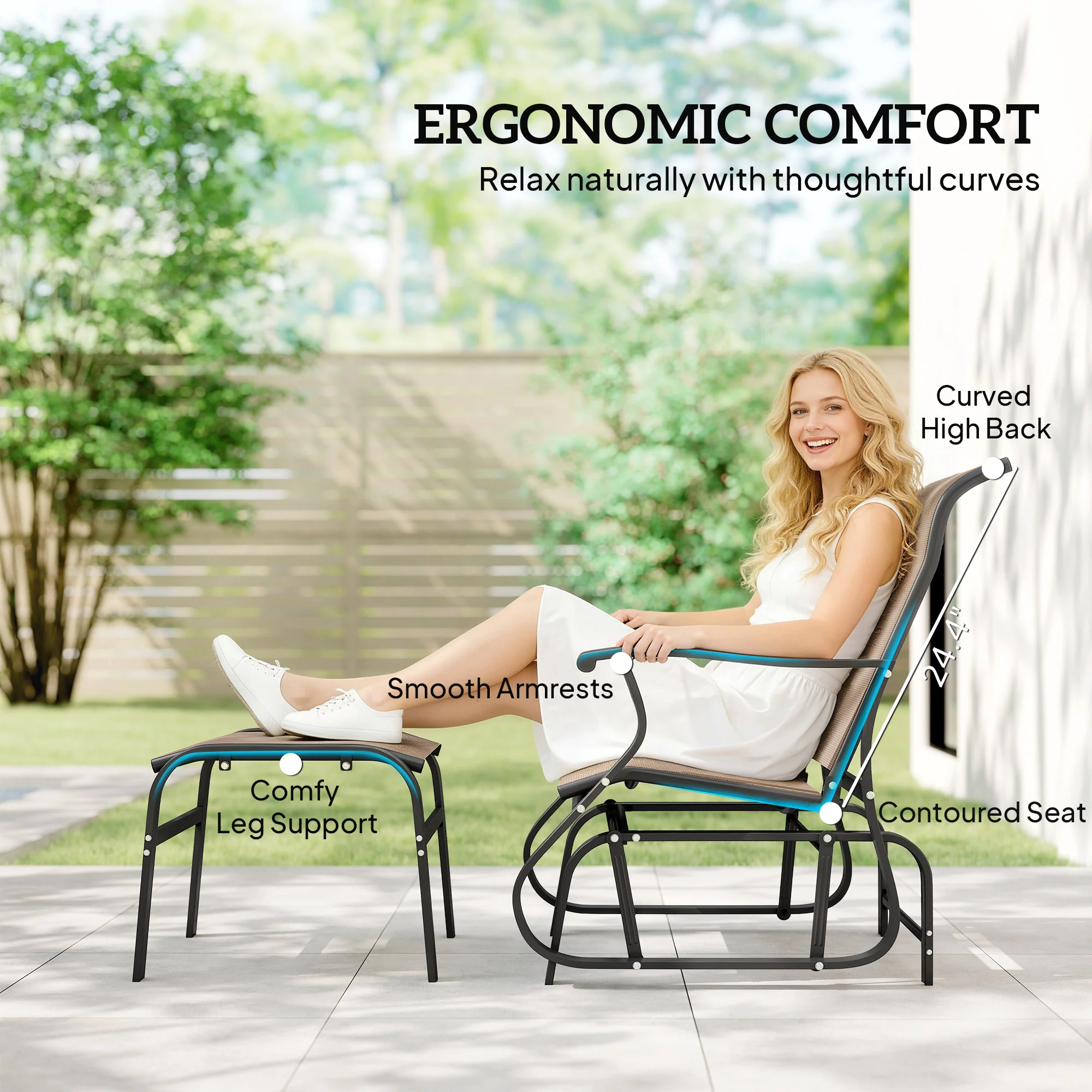 2-Piece Outdoor Glider Chair with Ottoman and All-Weather Breathable Mesh, Brown - Image 7