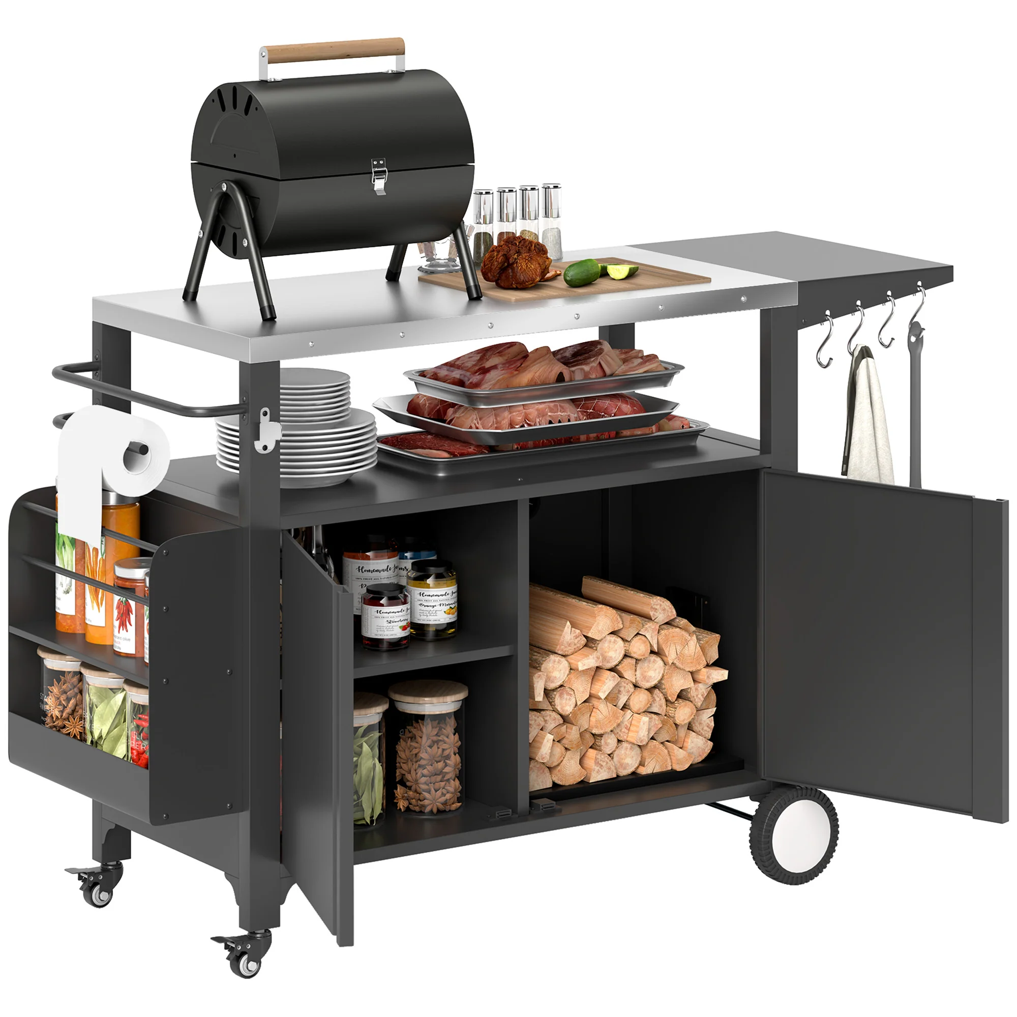 Outdoor Grill Cart with Foldable Table & Storage Rack, 37.8" x 18.1", Black