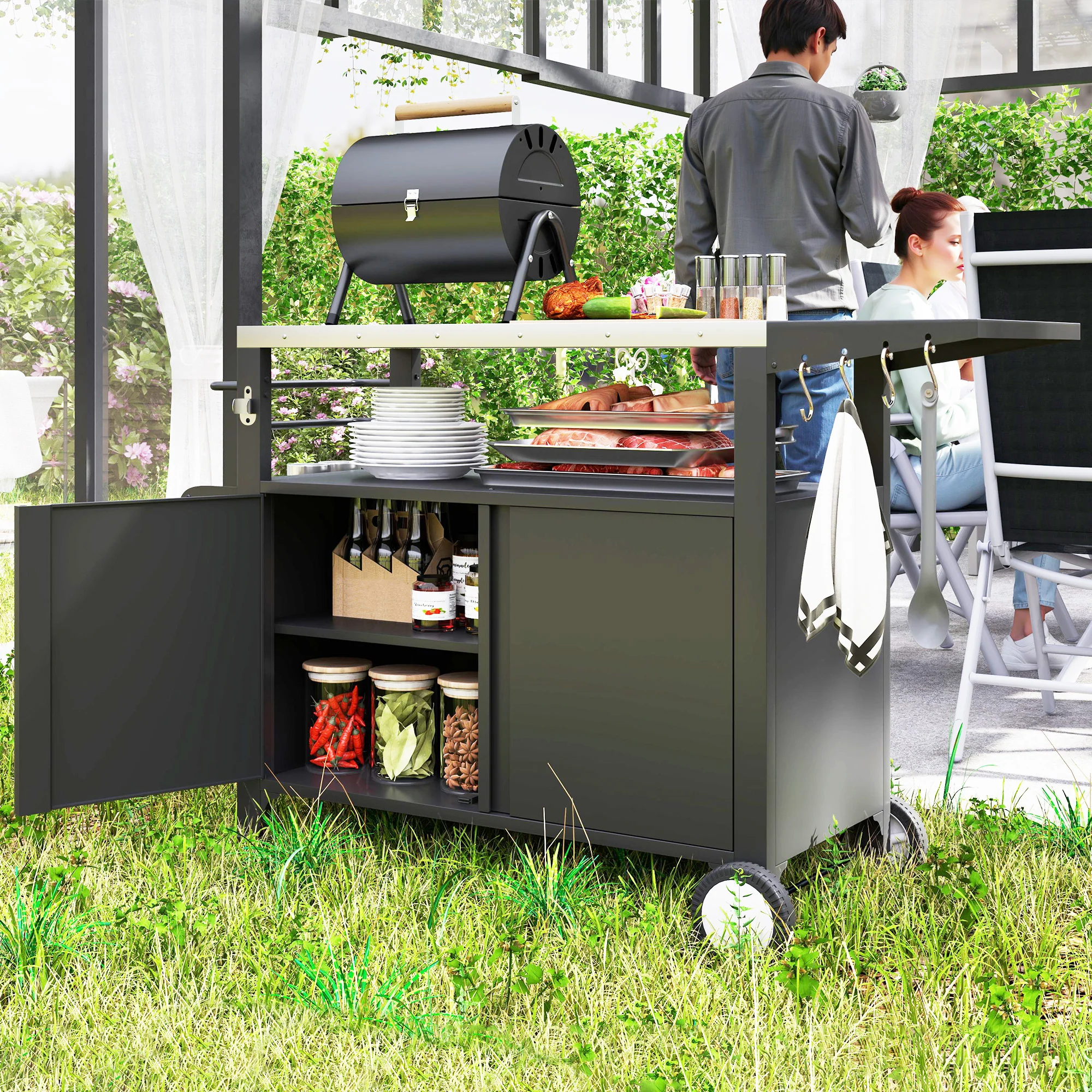 Outdoor Grill Cart with Foldable Table & Storage Rack, 37.8" x 18.1", Black - Image 3