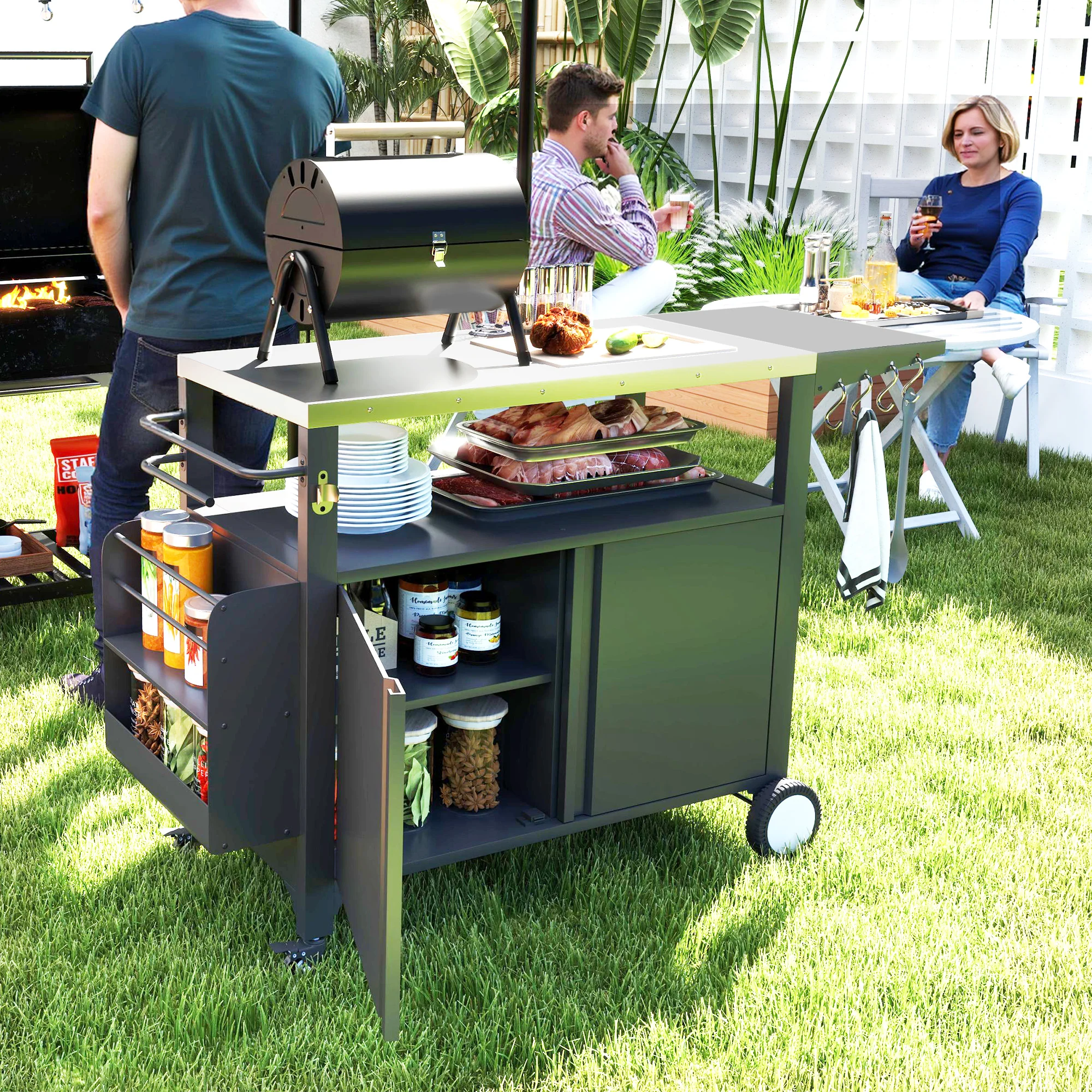 Outdoor Grill Cart with Foldable Table & Storage Rack, 37.8" x 18.1", Black - Image 4