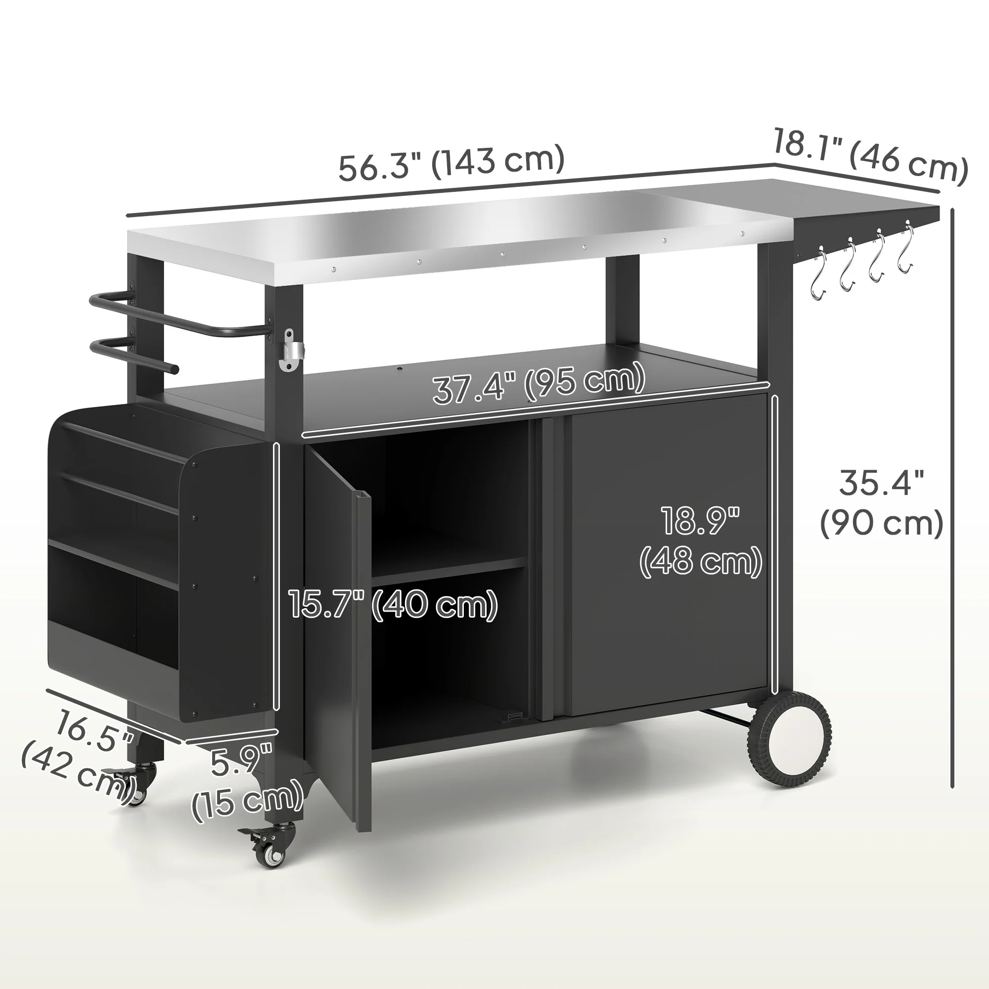 Outdoor Grill Cart with Foldable Table & Storage Rack, 37.8" x 18.1", Black - Image 5
