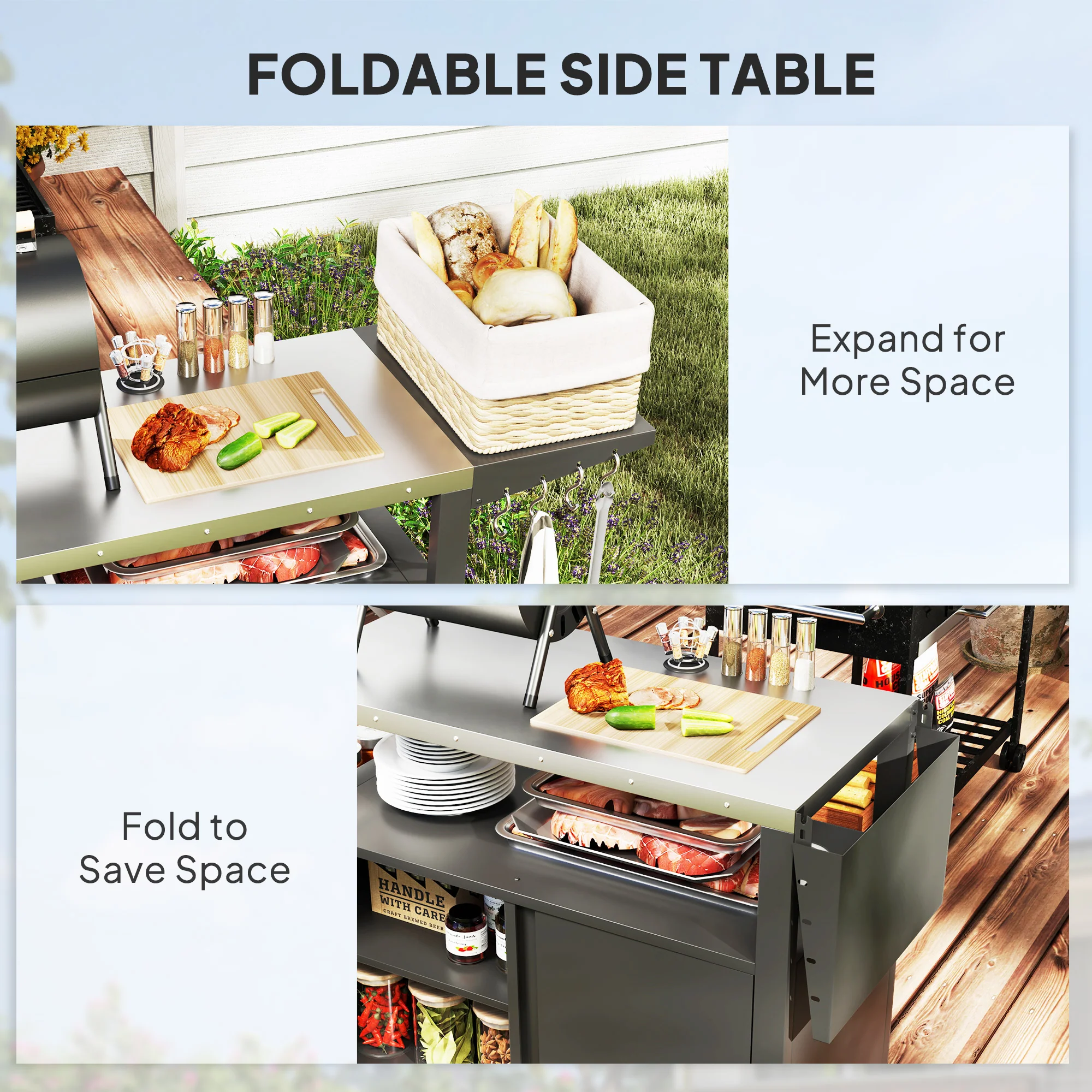 Outdoor Grill Cart with Foldable Table & Storage Rack, 37.8" x 18.1", Black - Image 7