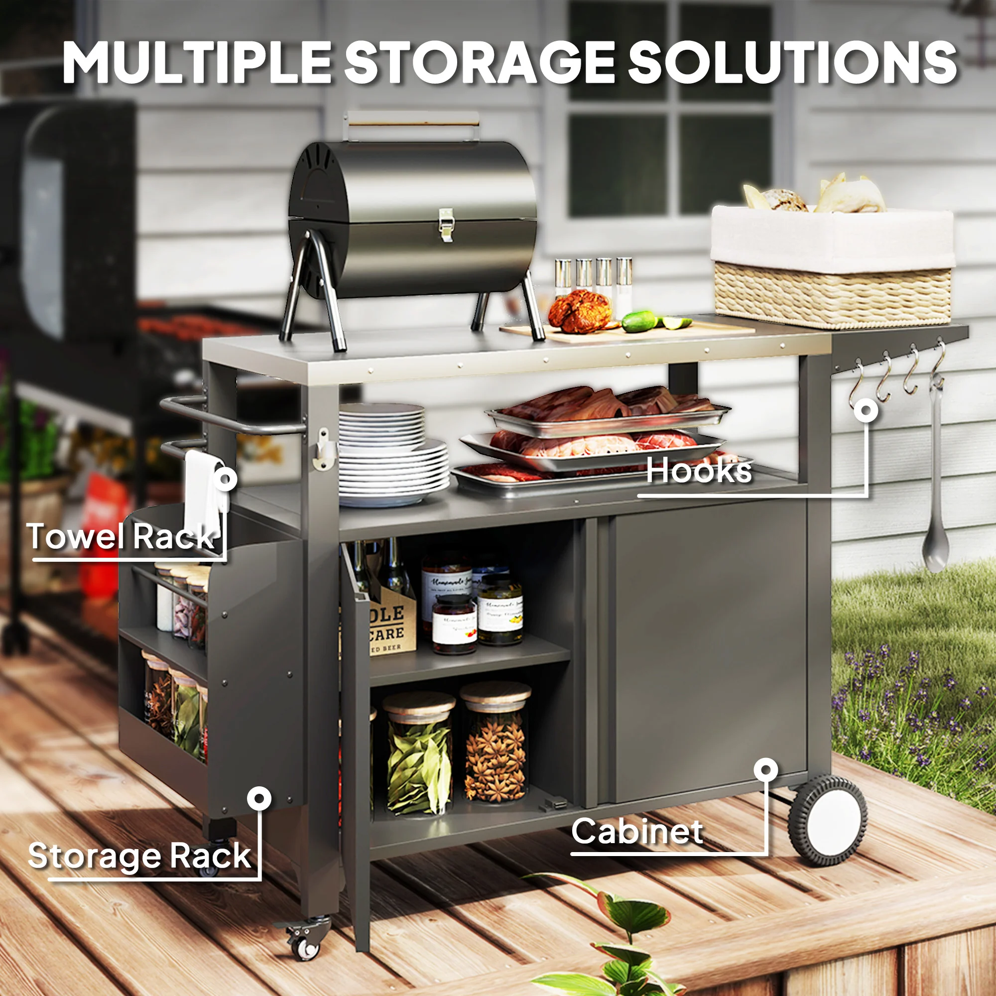 Outdoor Grill Cart with Foldable Table & Storage Rack, 37.8" x 18.1", Black - Image 8