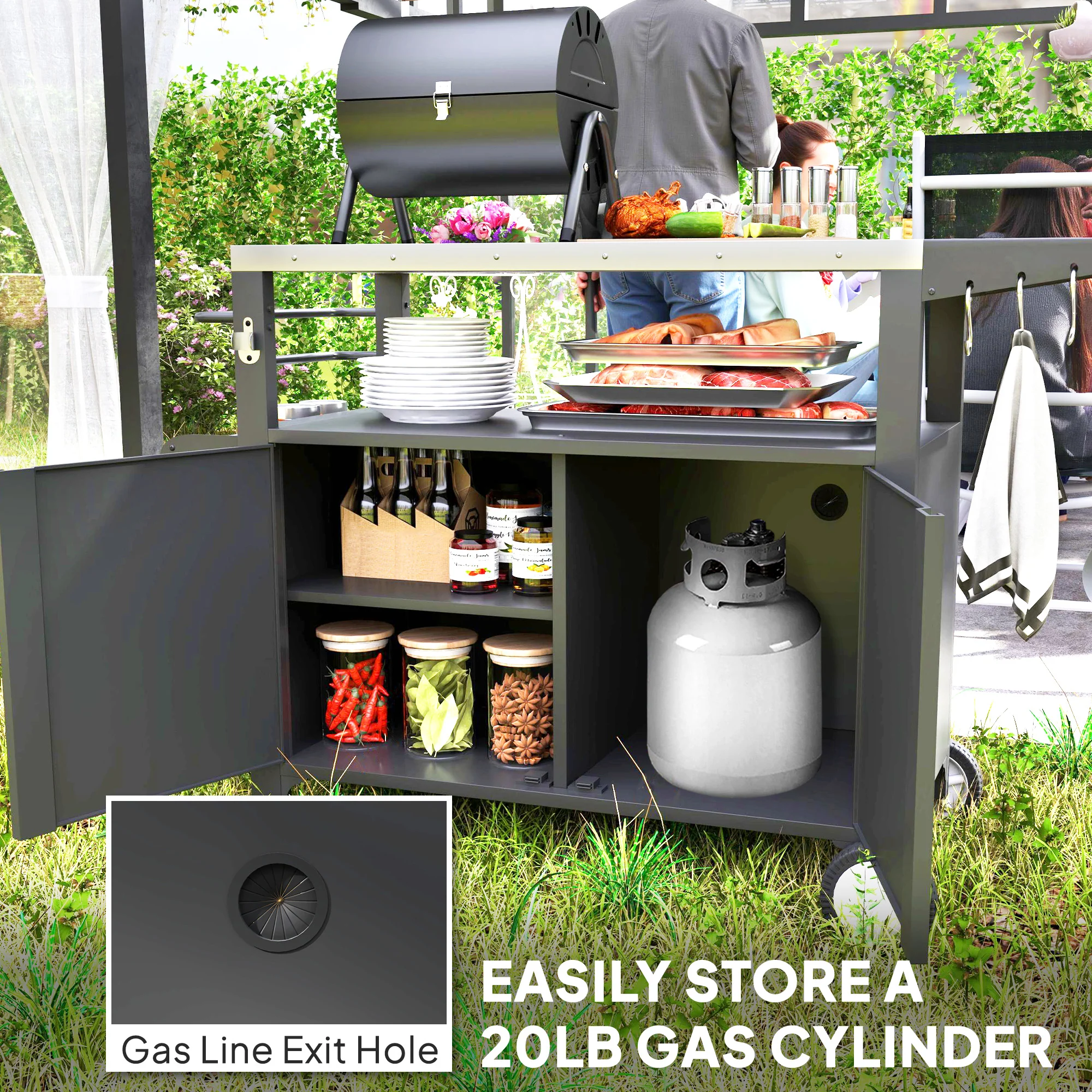 Outdoor Grill Cart with Foldable Table & Storage Rack, 37.8" x 18.1", Black - Image 9