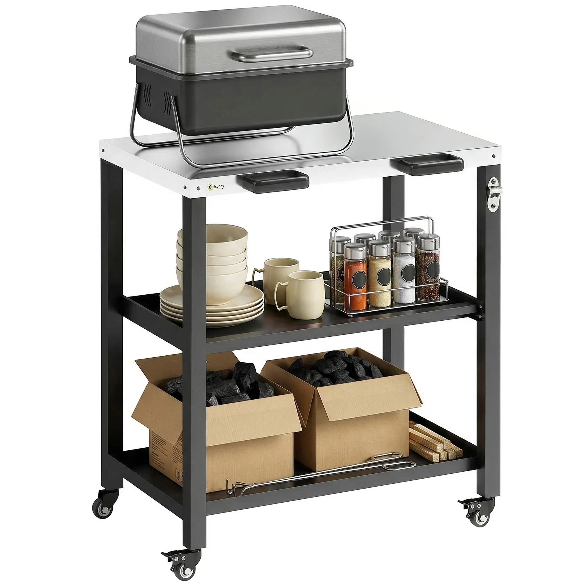 Outdoor Grill Cart with Stainless Steel Top, 2 Shelves and Lockable Wheels, Black