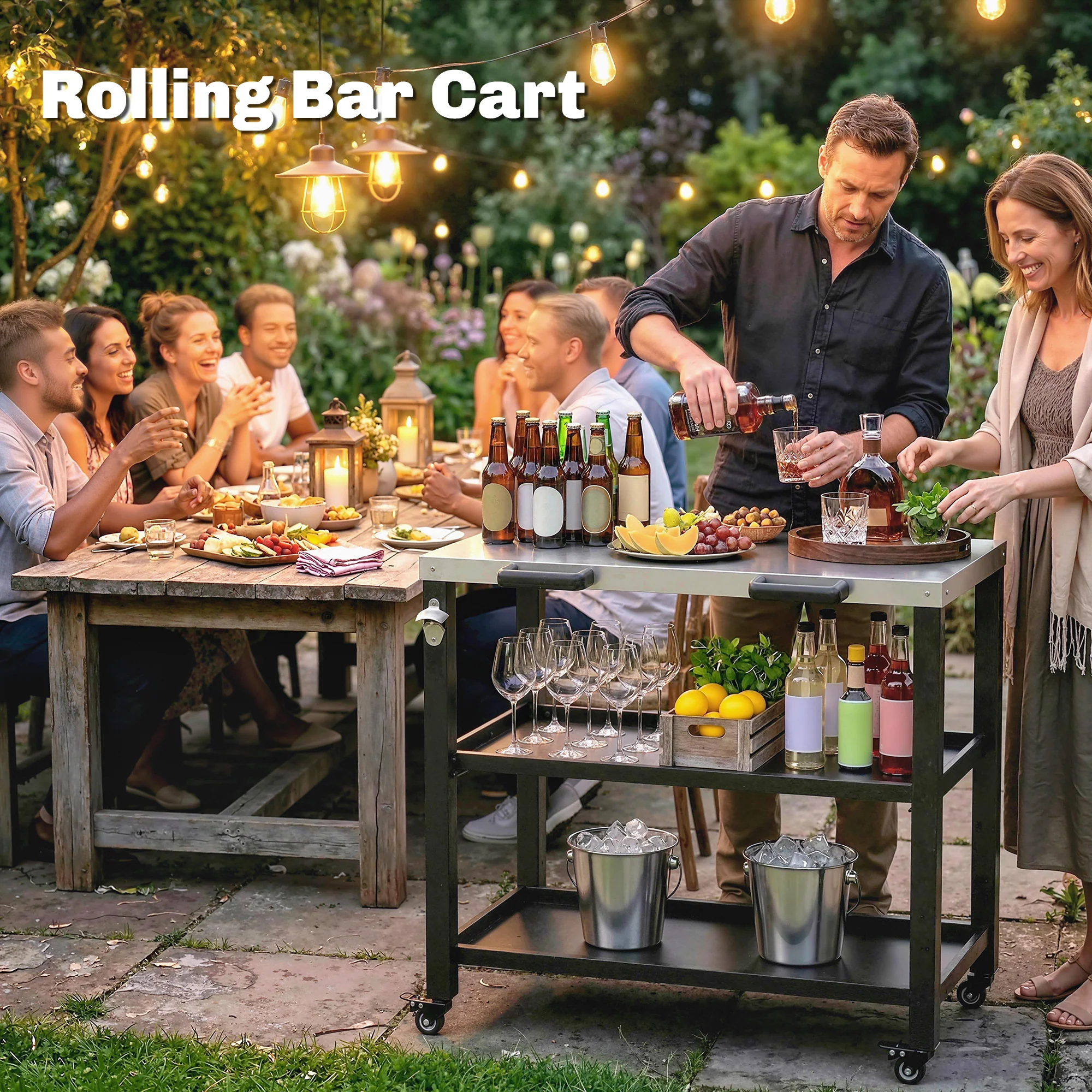 Outdoor Grill Cart with Stainless Steel Top, 2 Shelves and Lockable Wheels, Black - Image 10