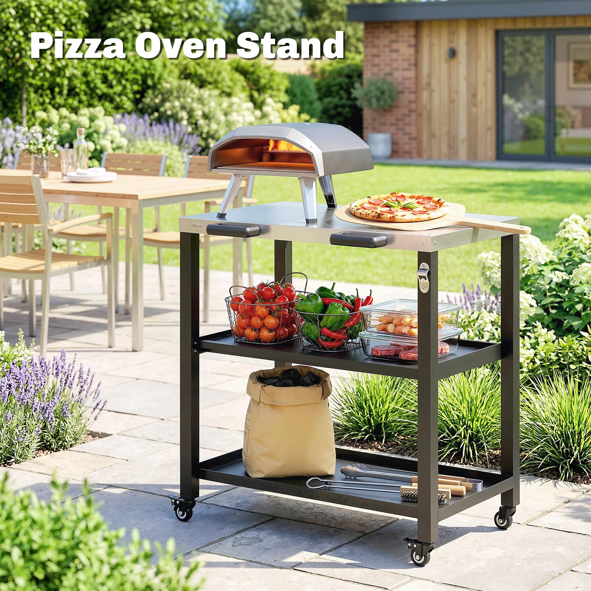 Outdoor Grill Cart with Stainless Steel Top, 2 Shelves and Lockable Wheels, Black - Image 11