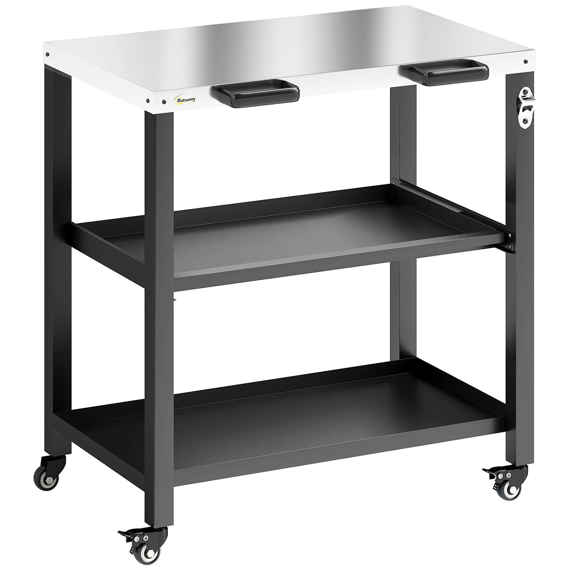 Outdoor Grill Cart with Stainless Steel Top, 2 Shelves and Lockable Wheels, Black - Image 12