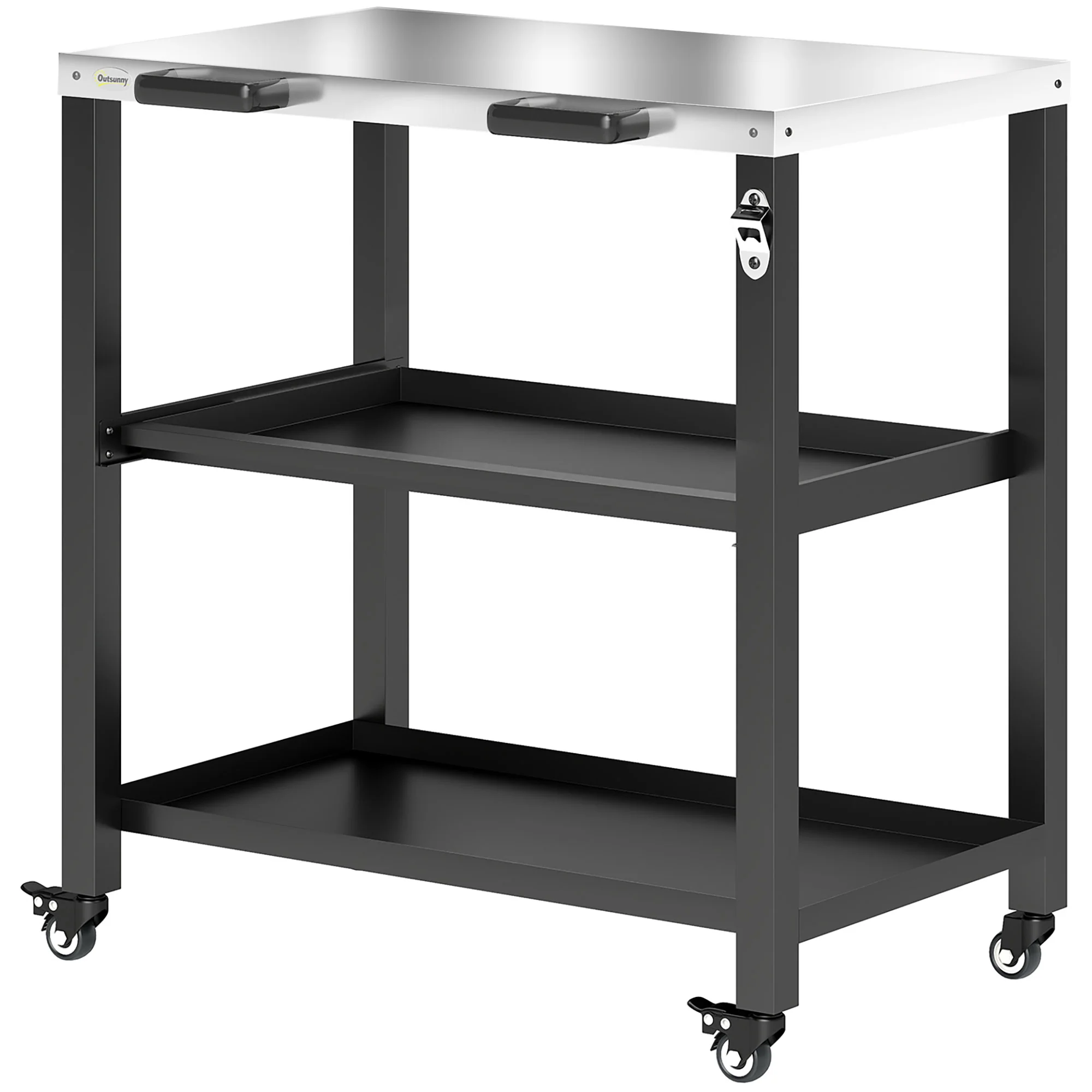Outdoor Grill Cart with Stainless Steel Top, 2 Shelves and Lockable Wheels, Black - Image 2