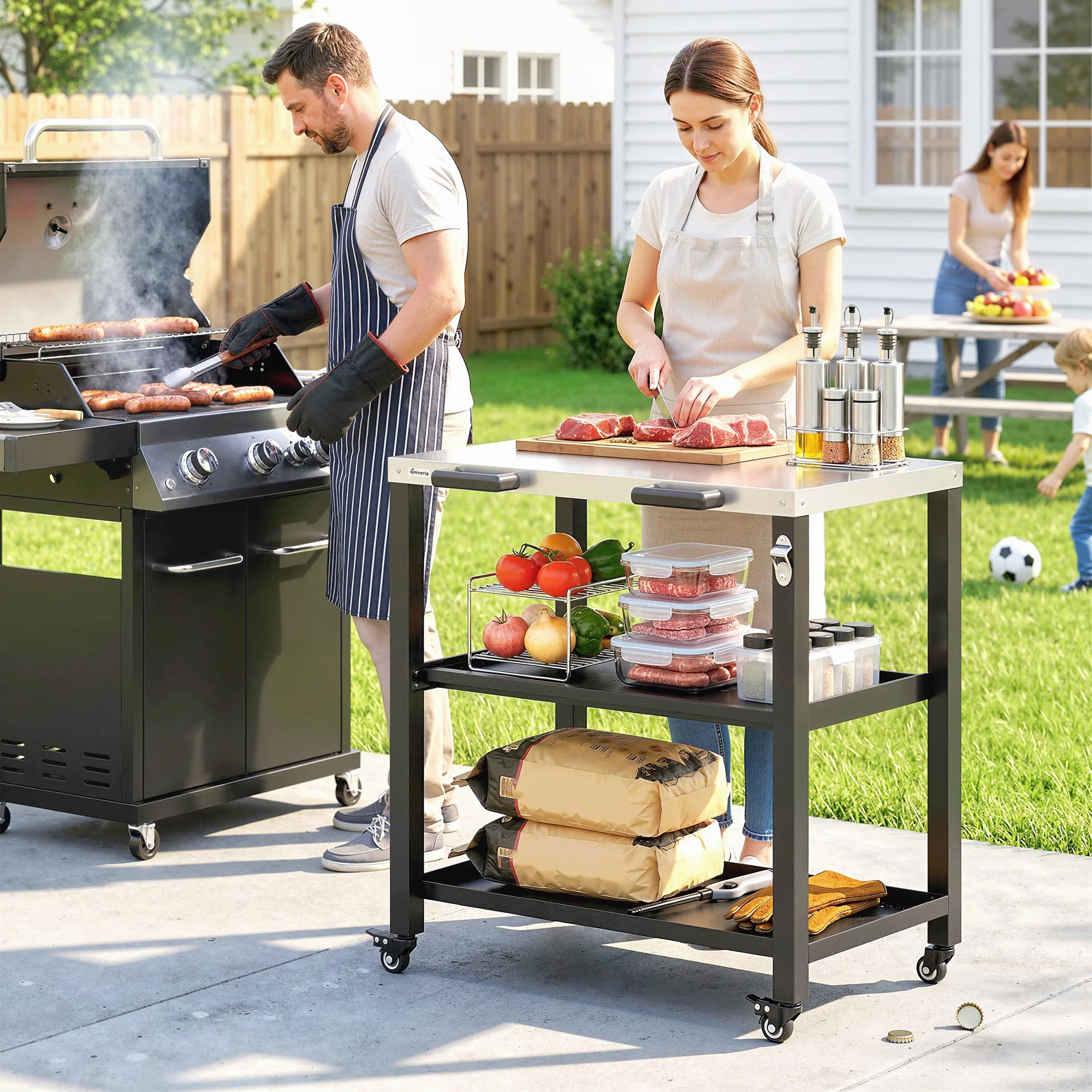 Outdoor Grill Cart with Stainless Steel Top, 2 Shelves and Lockable Wheels, Black - Image 3