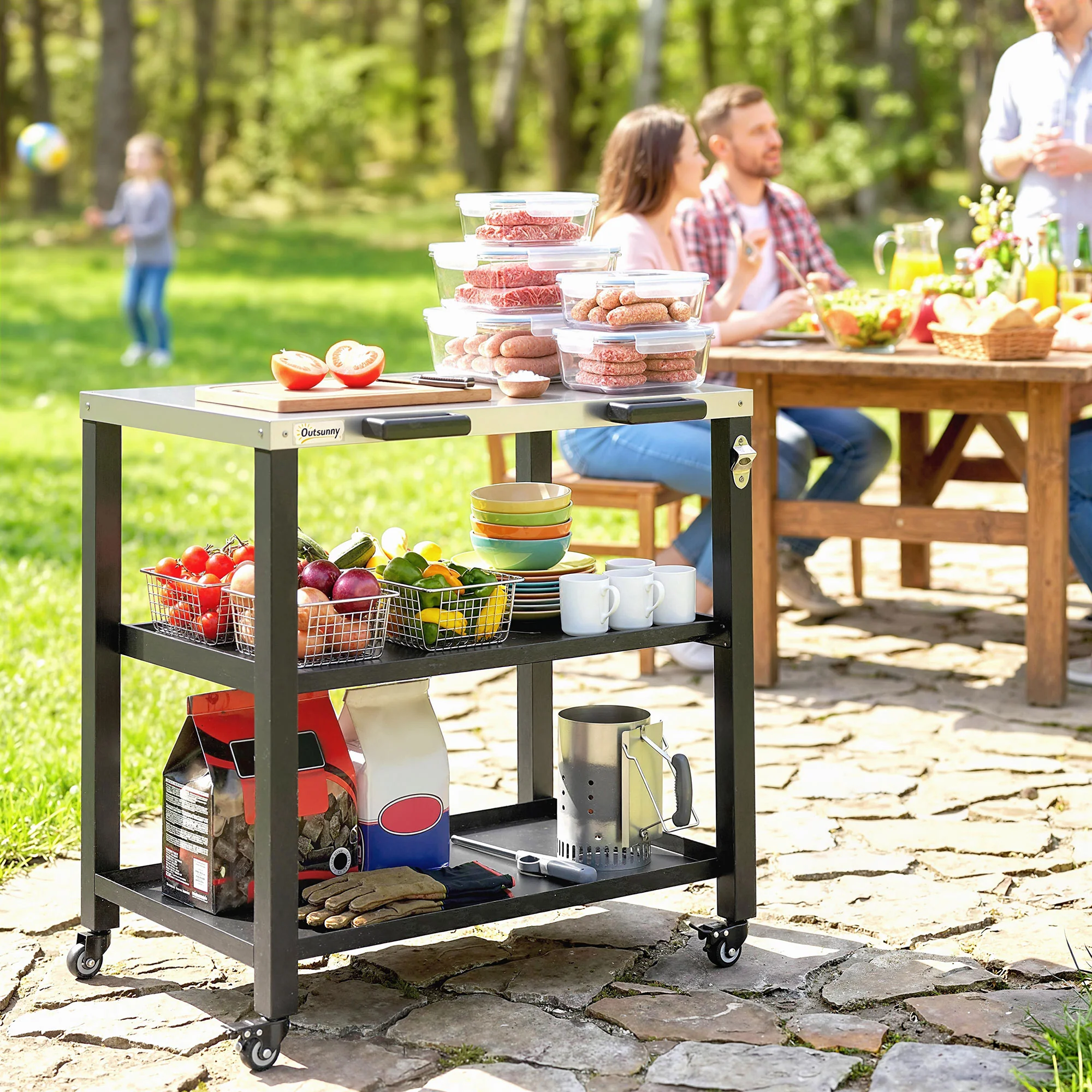 Outdoor Grill Cart with Stainless Steel Top, 2 Shelves and Lockable Wheels, Black - Image 4