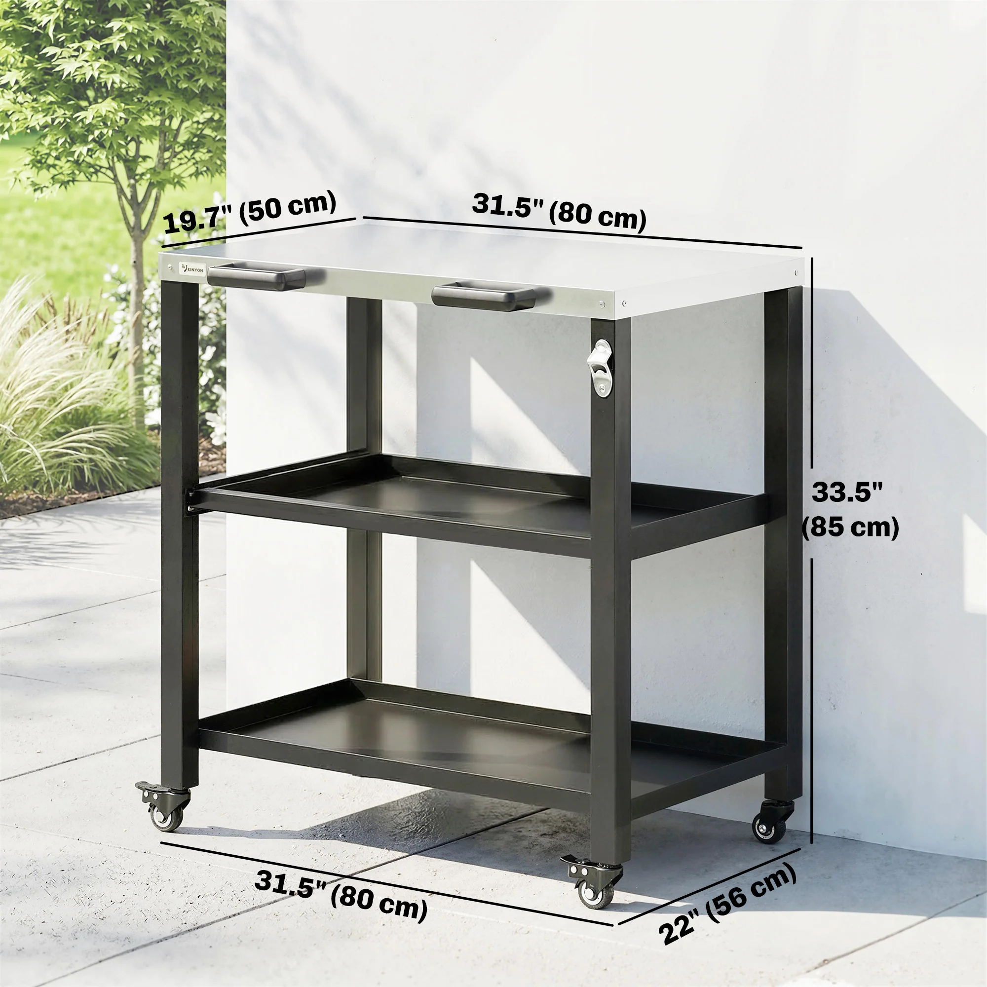 Outdoor Grill Cart with Stainless Steel Top, 2 Shelves and Lockable Wheels, Black - Image 5