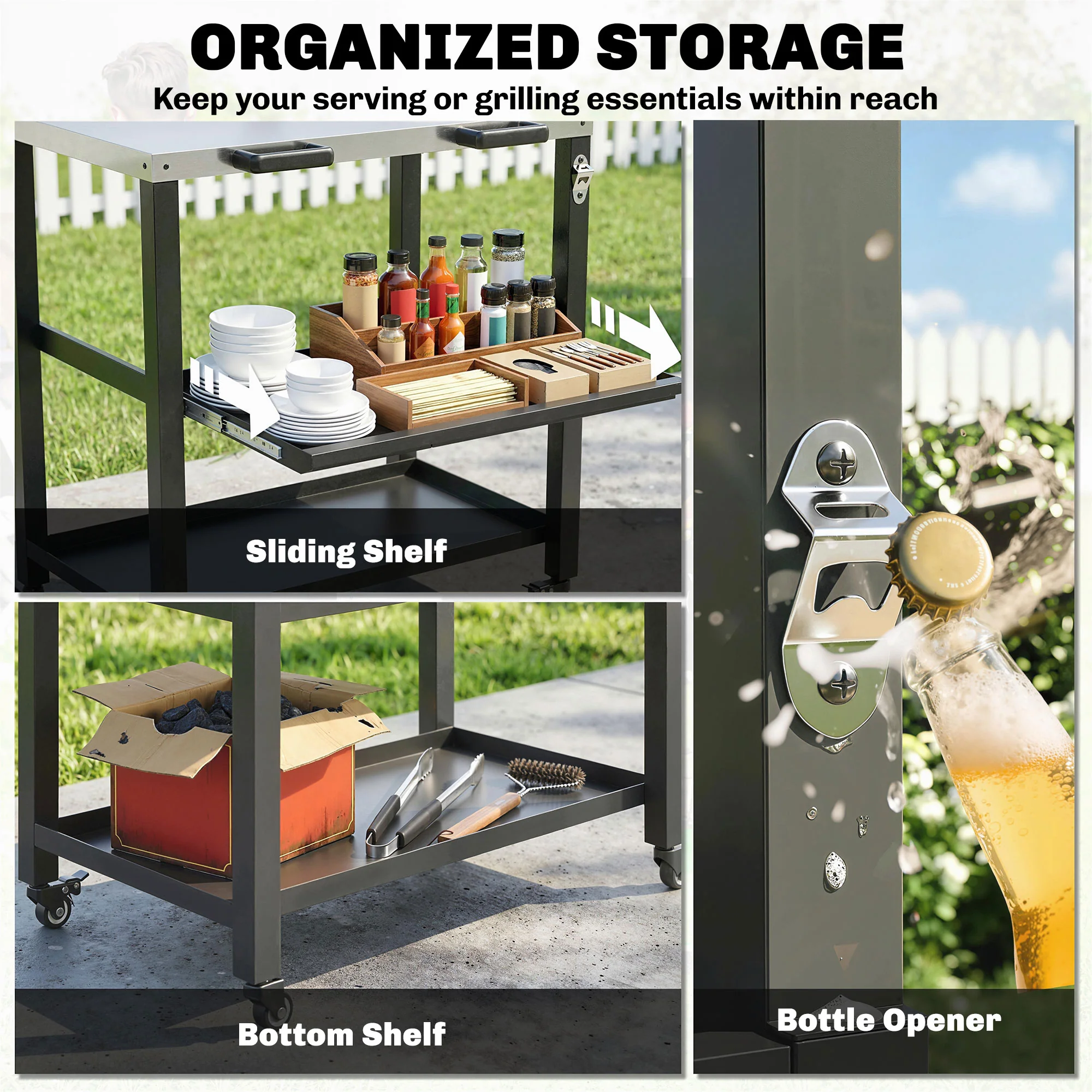 Outdoor Grill Cart with Stainless Steel Top, 2 Shelves and Lockable Wheels, Black - Image 7