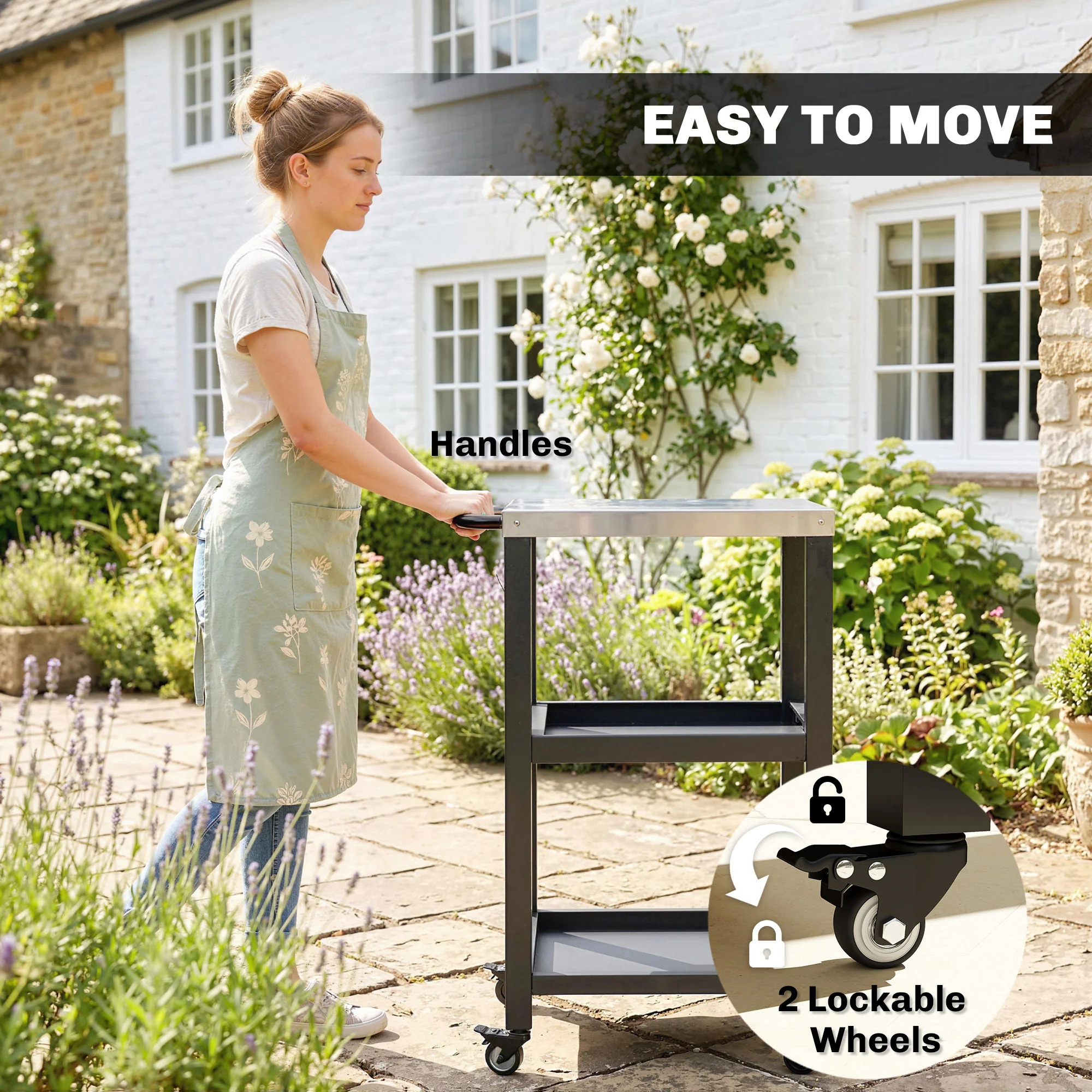 Outdoor Grill Cart with Stainless Steel Top, 2 Shelves and Lockable Wheels, Black - Image 8