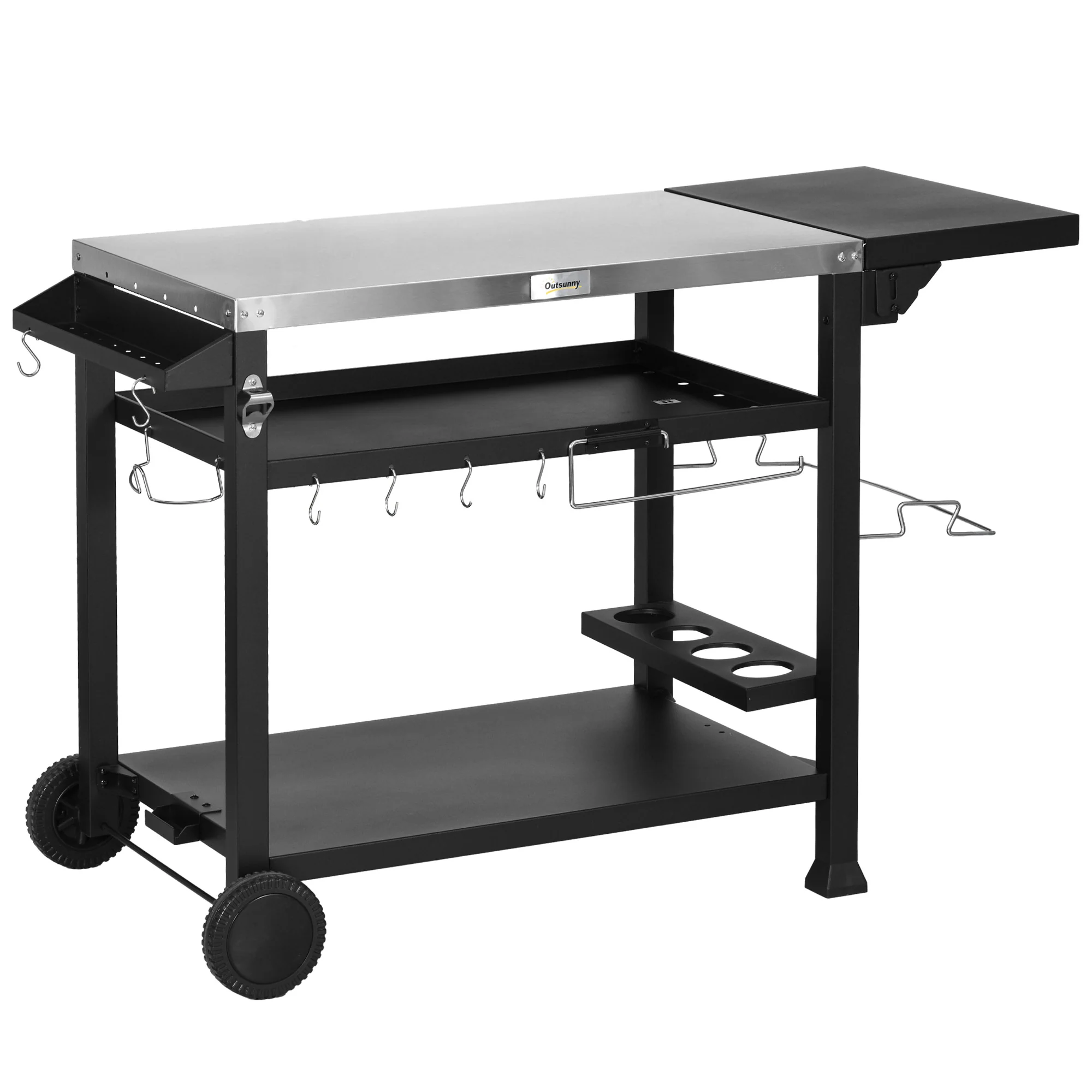 Portable BBQ Trolley w/ Foldable Side table & Stainless Steel Top for Kitchen, Patio