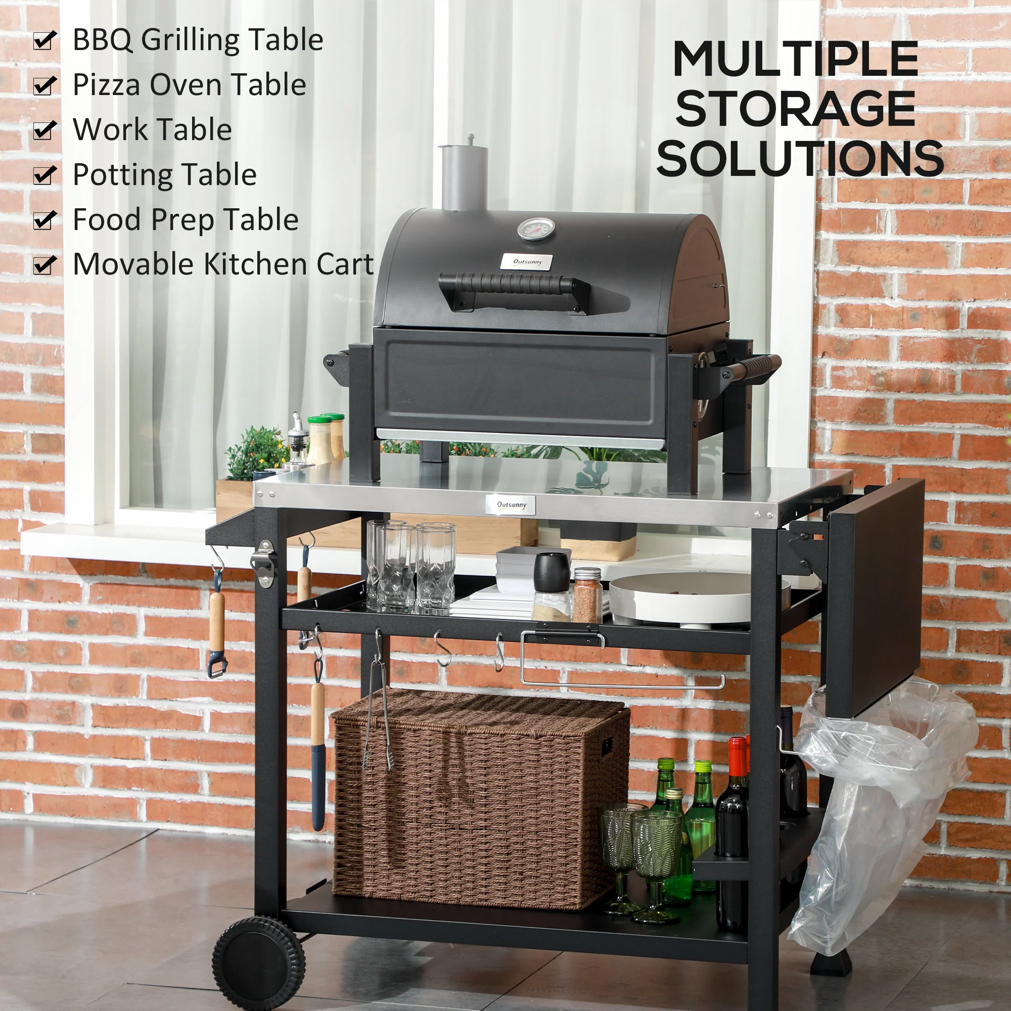 Portable BBQ Trolley w/ Foldable Side table & Stainless Steel Top for Kitchen, Patio - Image 10