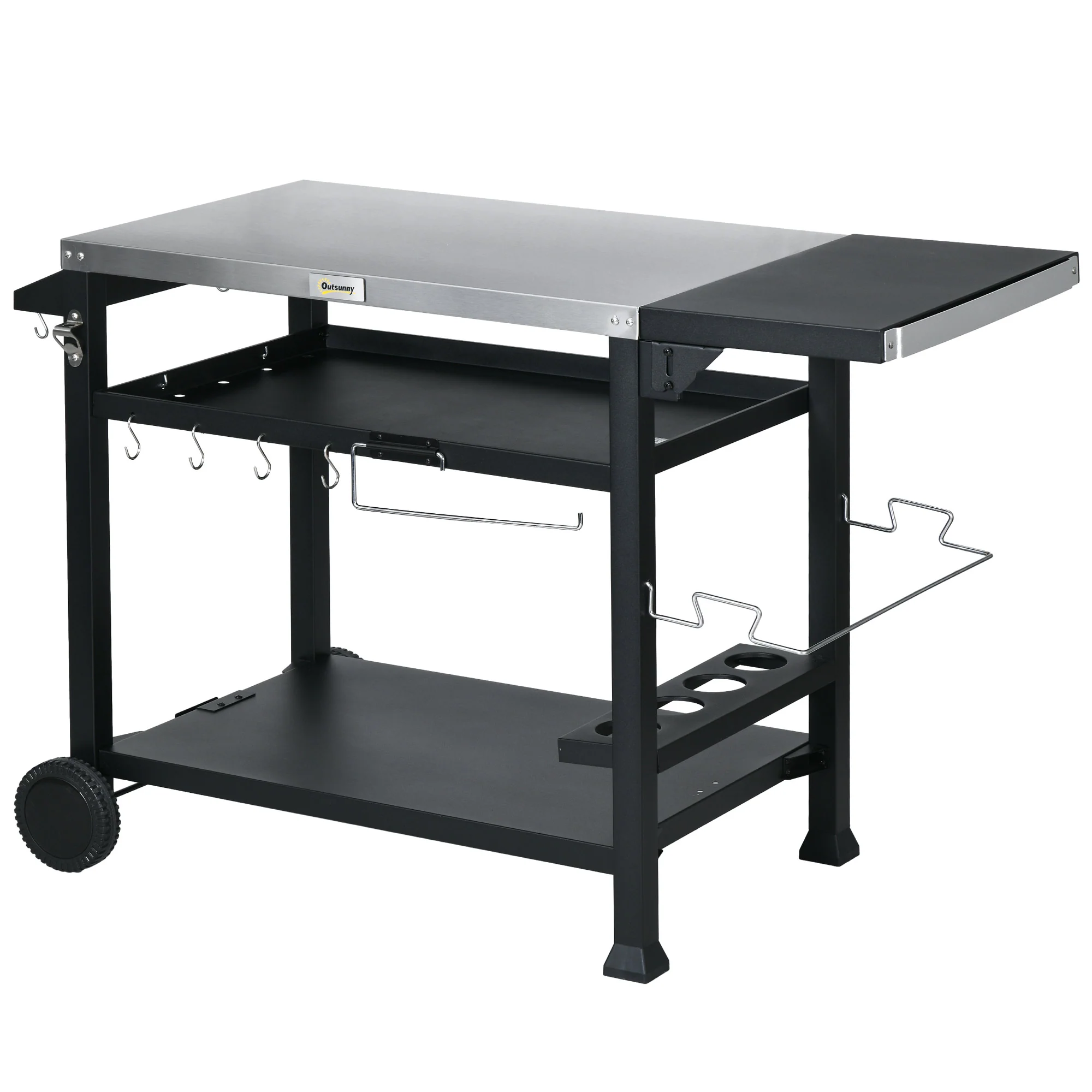 Portable BBQ Trolley w/ Foldable Side table & Stainless Steel Top for Kitchen, Patio - Image 2
